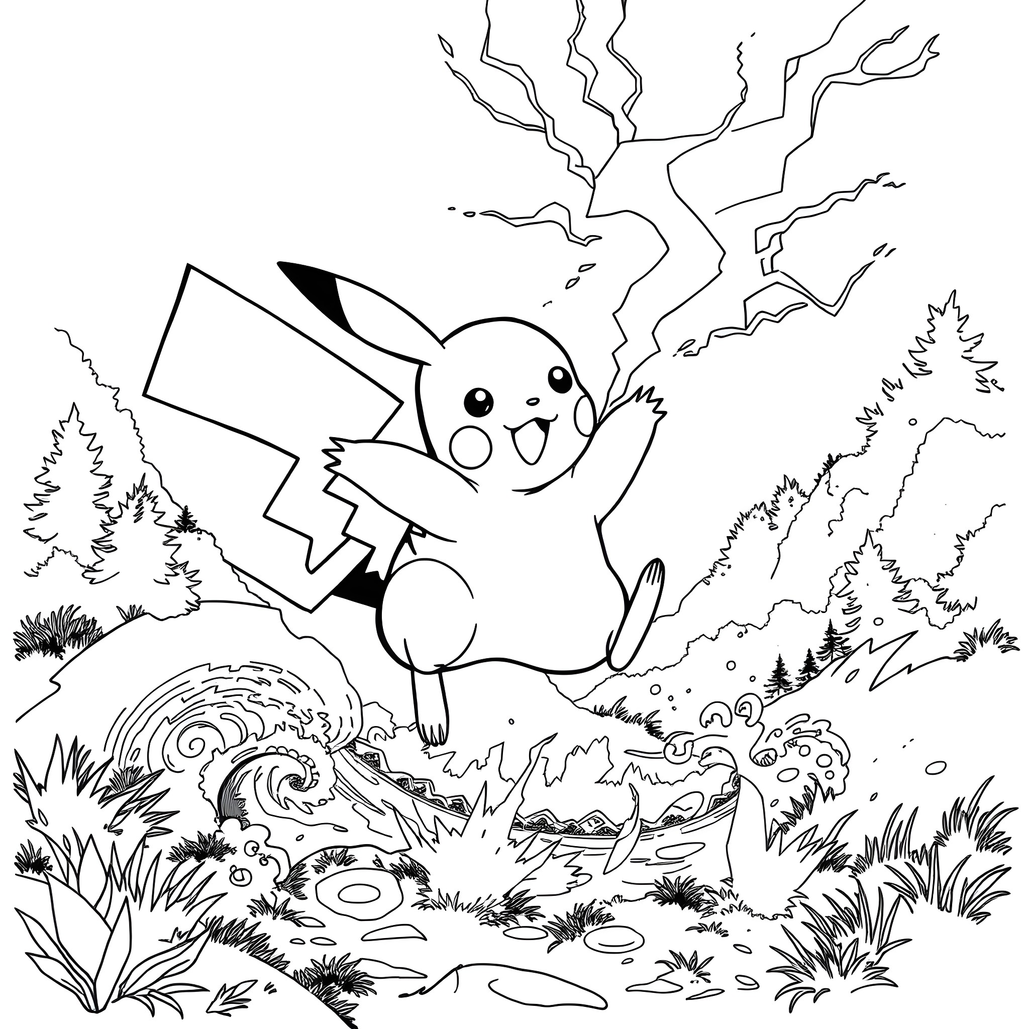 Pikachu using Electric Attack in the Wild Coloring Page (free black-and-white line drawing printable PDF for all, from beginners to advanced learners, including children, teens, adults, and seniors)
