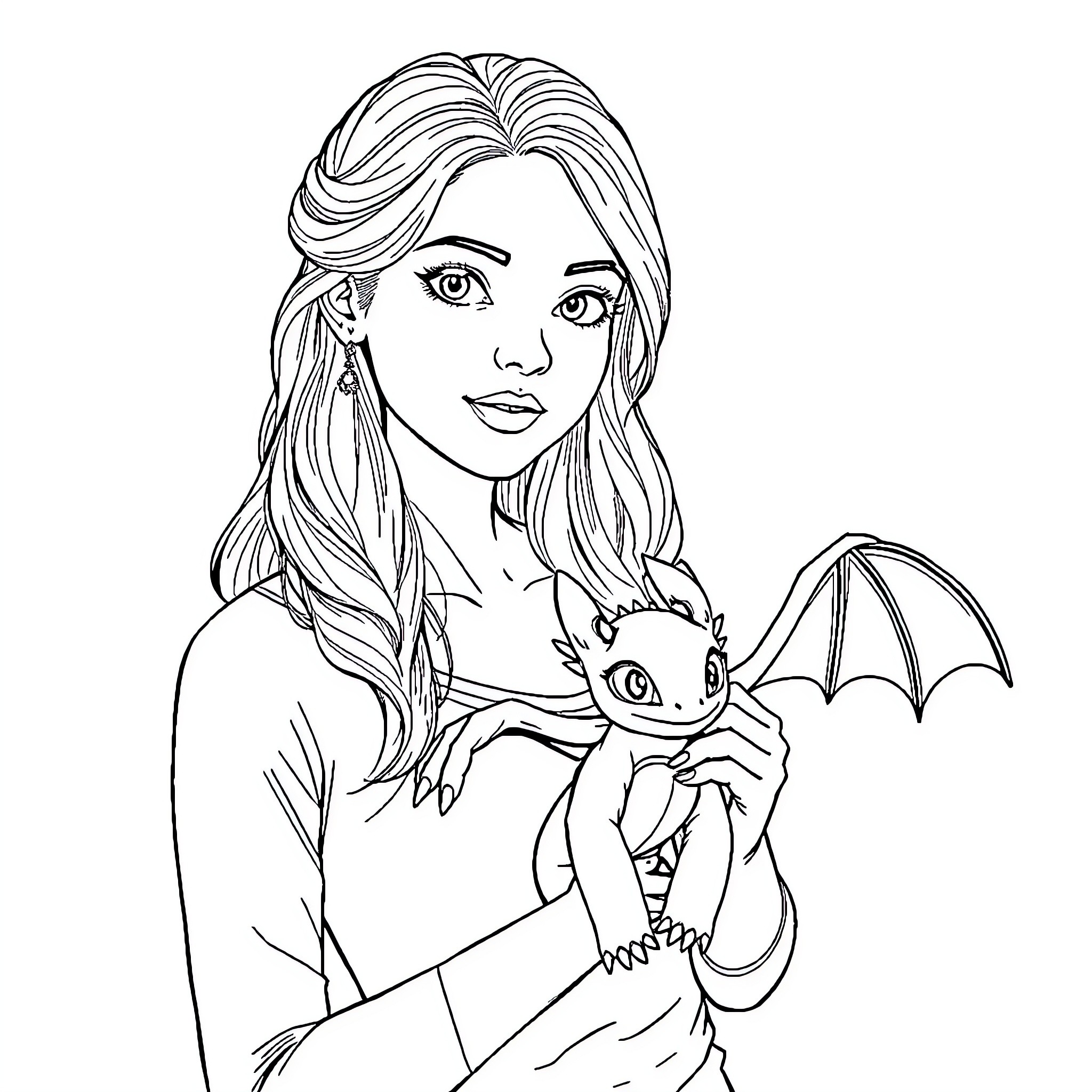 Human woman holding fantasy creature Coloring Page (free black-and-white line drawing printable PDF for all, from beginners to advanced learners, including children, teens, adults, and seniors)