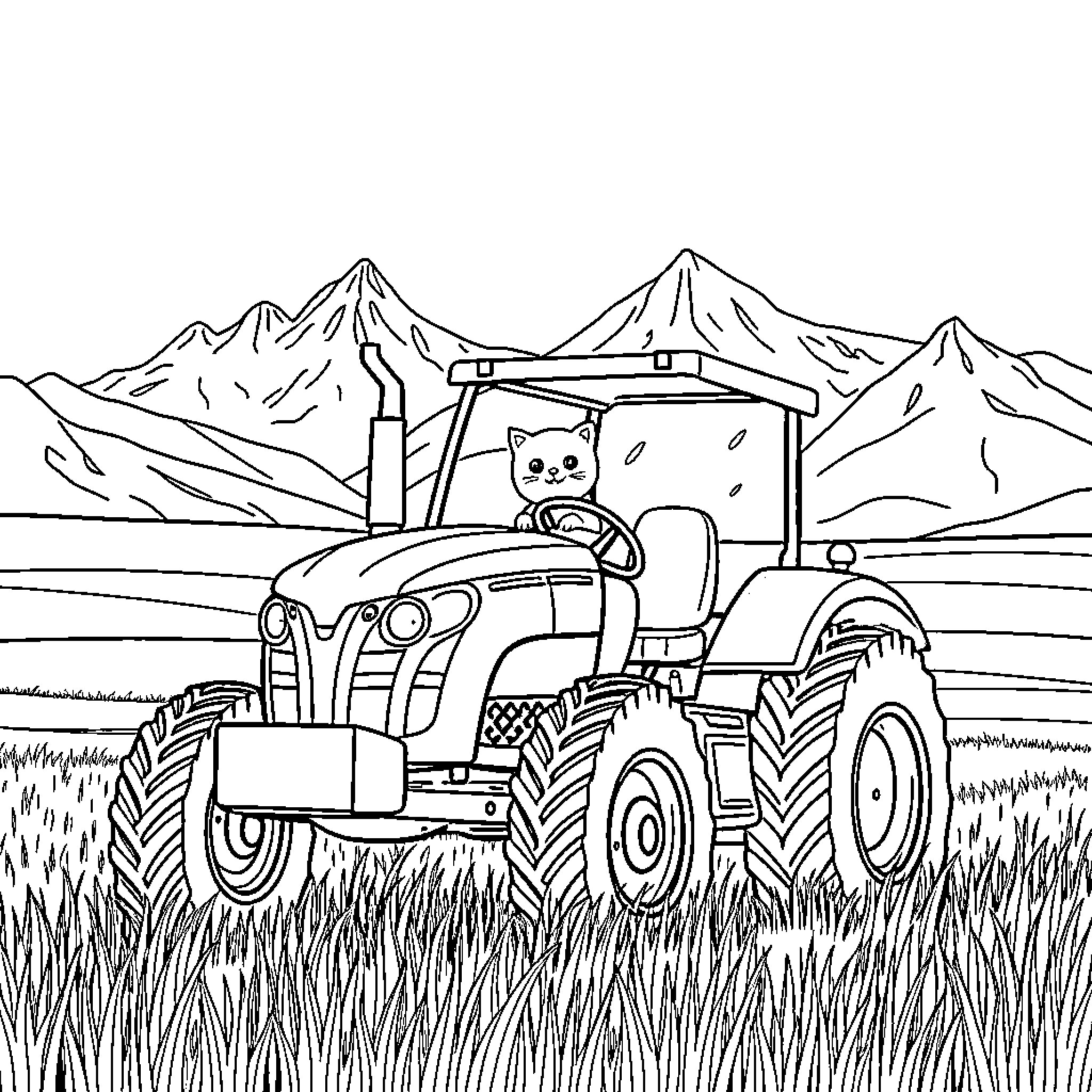 Cat driving tractor in rural countryside Coloring Page (free black-and-white line drawing printable PDF for all, from beginners to advanced learners, including children, teens, adults, and seniors)