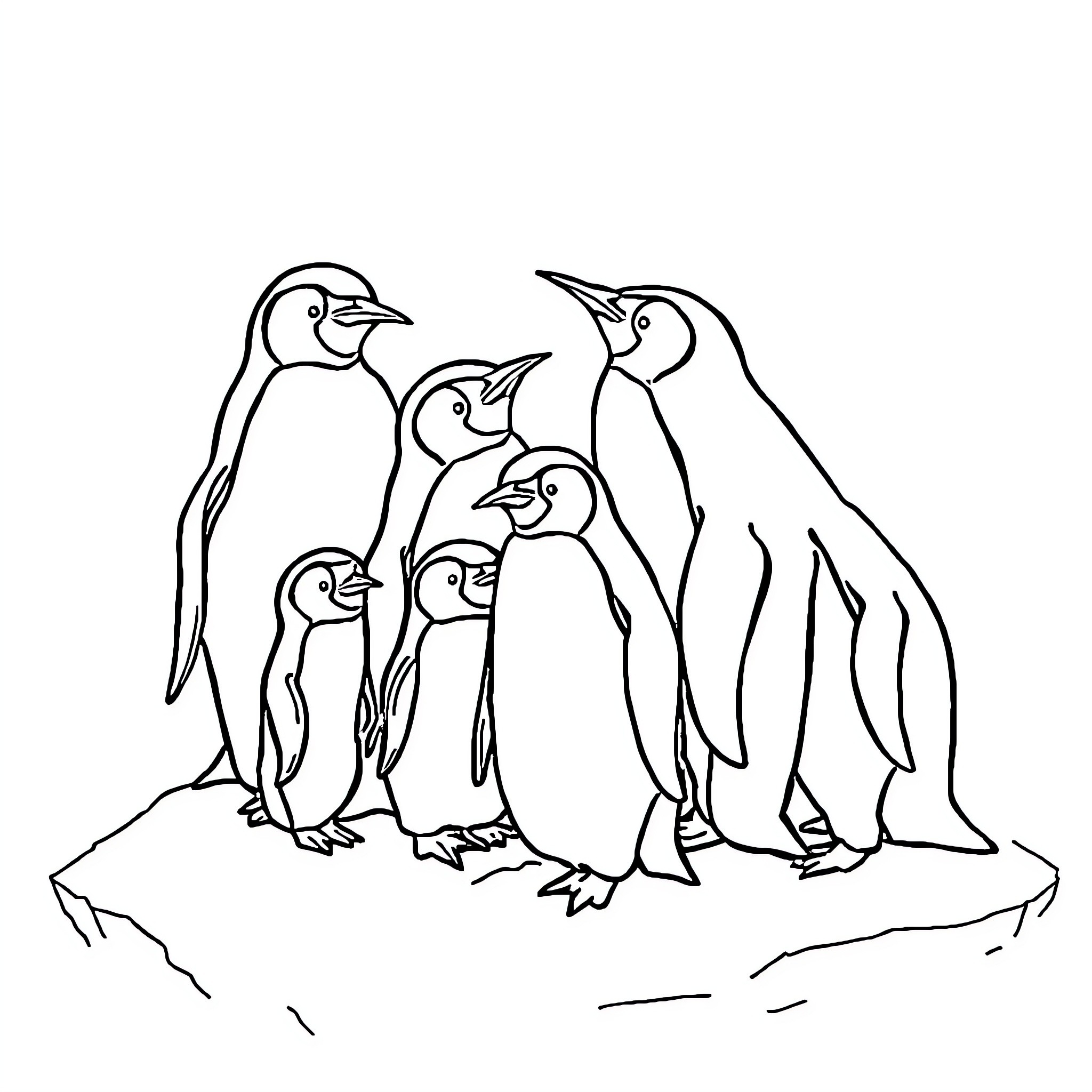Penguin family standing together Coloring Page (free black-and-white line drawing printable PDF for all, from beginners to advanced learners, including children, teens, adults, and seniors)