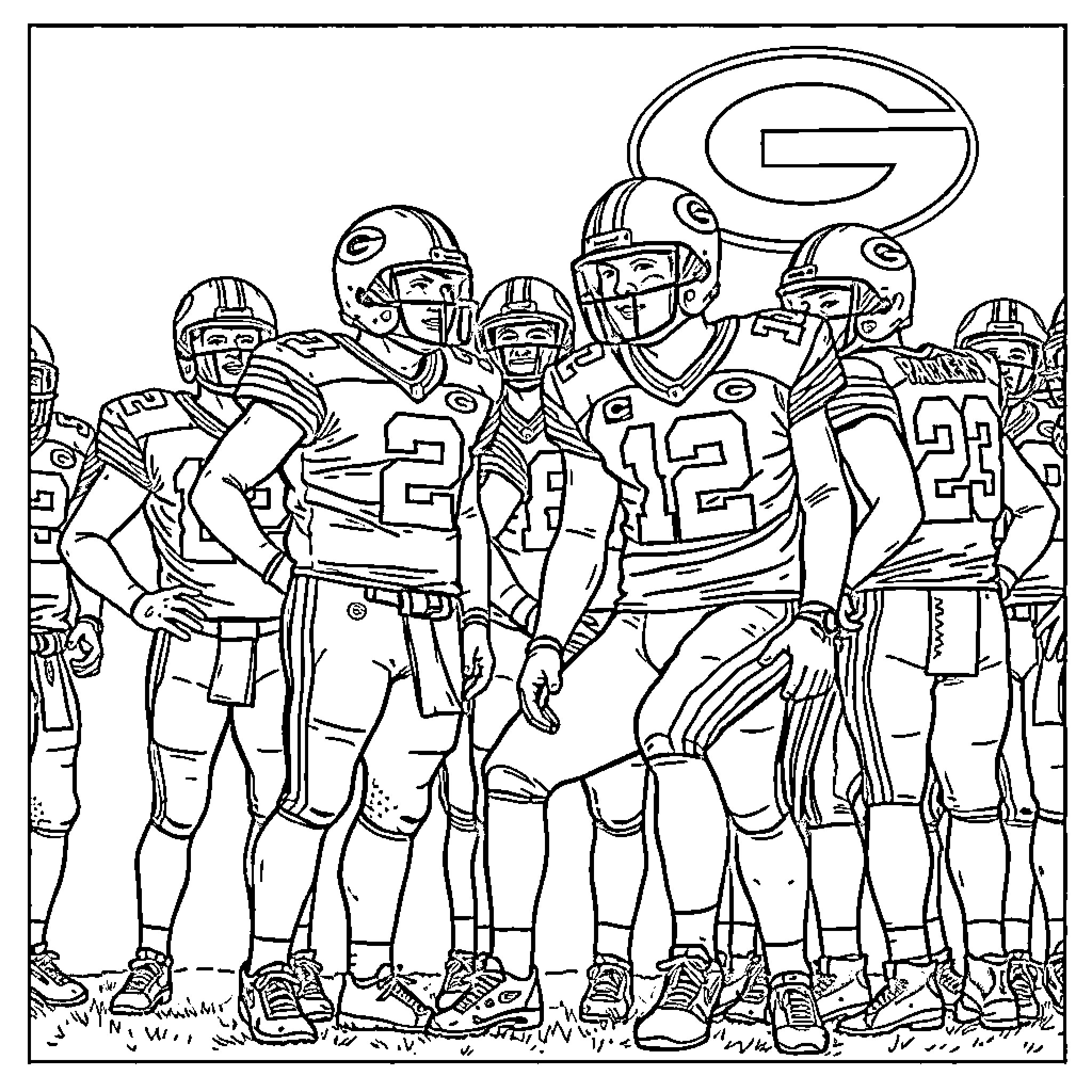 Green Bay Packers football team players in uniform Coloring Page (free black-and-white line drawing printable PDF for all, from beginners to advanced learners, including children, teens, adults, and seniors)