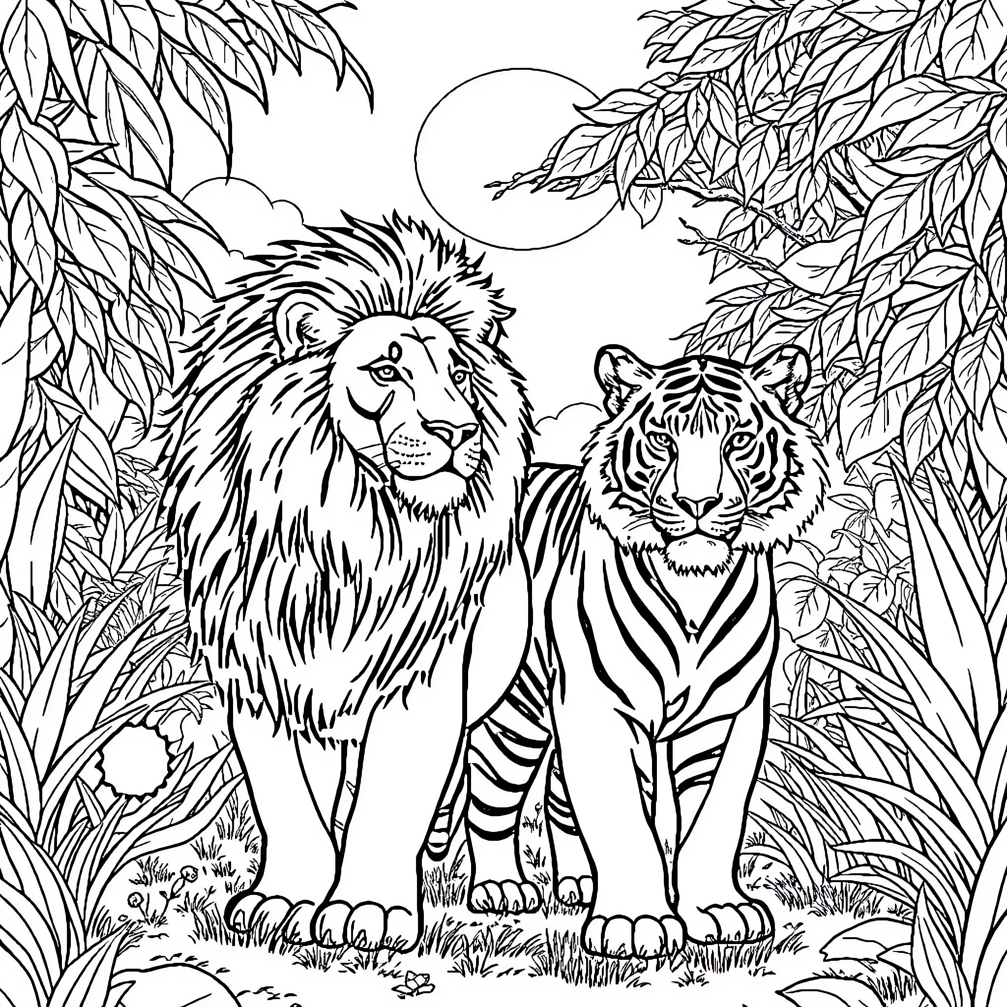 Lion and Tiger in Lush Jungle Landscape Coloring Page (free black-and-white line drawing printable PDF for all, from beginners to advanced learners, including children, teens, adults, and seniors)