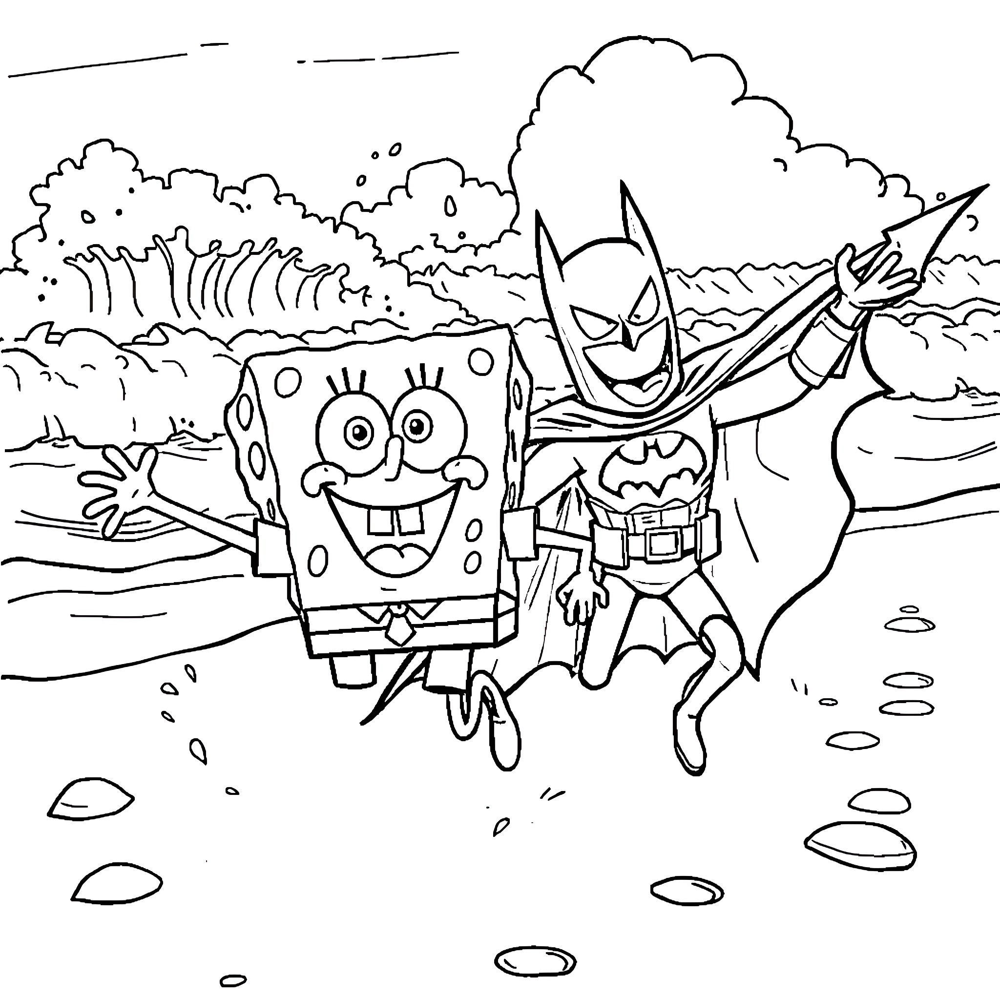 Spongebob and Batman team up for an adventure Coloring Page (free black-and-white line drawing printable PDF for all, from beginners to advanced learners, including children, teens, adults, and seniors)
