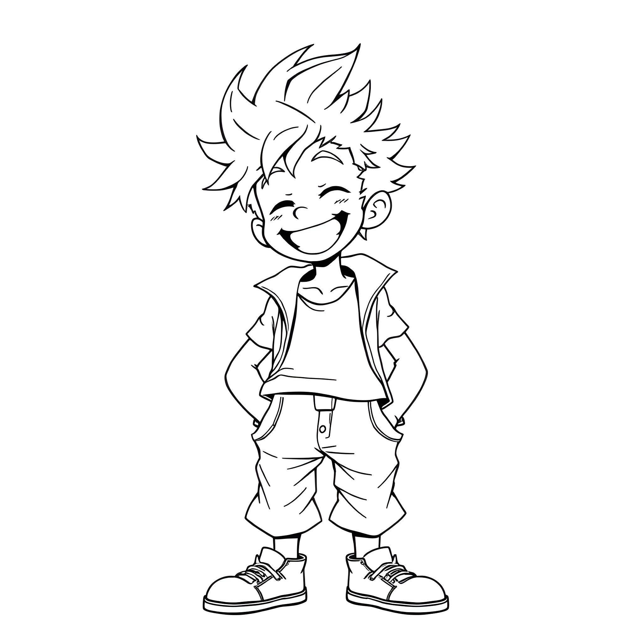 Satoru Gojo smiling cheerfully in casual outfit Coloring Page (free black-and-white line drawing printable PDF for all, from beginners to advanced learners, including children, teens, adults, and seniors)