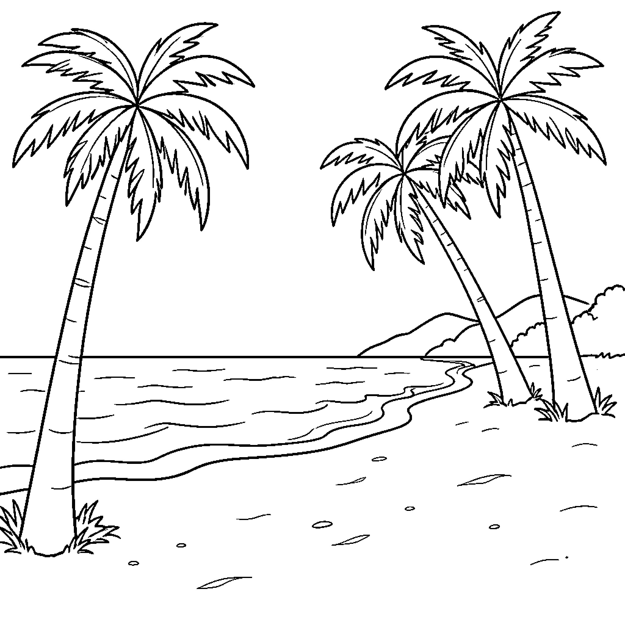 Beach scene with palm trees along the shore Coloring Page (free black-and-white line drawing printable PDF for all, from beginners to advanced learners, including children, teens, adults, and seniors)