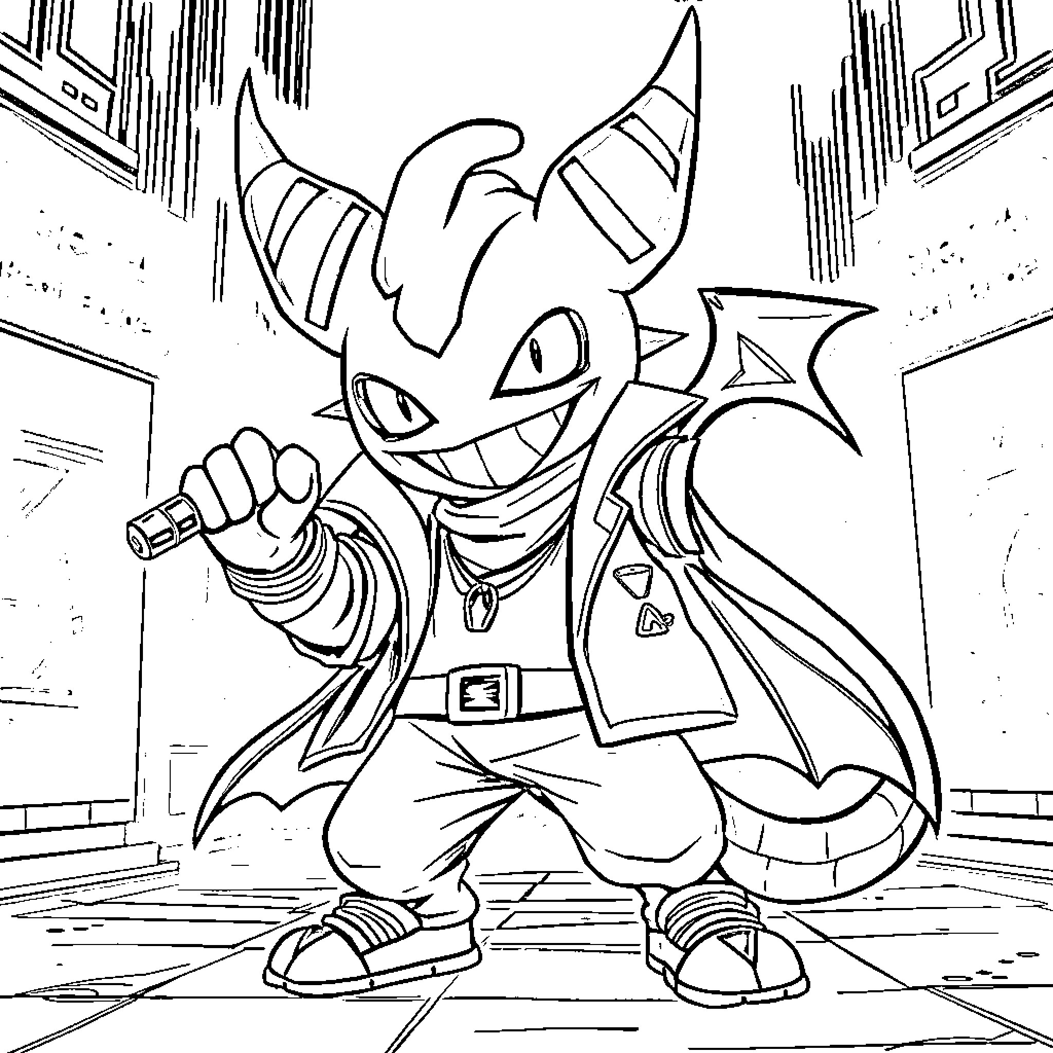 Gengar in an action-packed scene Coloring Page (free black-and-white line drawing printable PDF for all, from beginners to advanced learners, including children, teens, adults, and seniors)