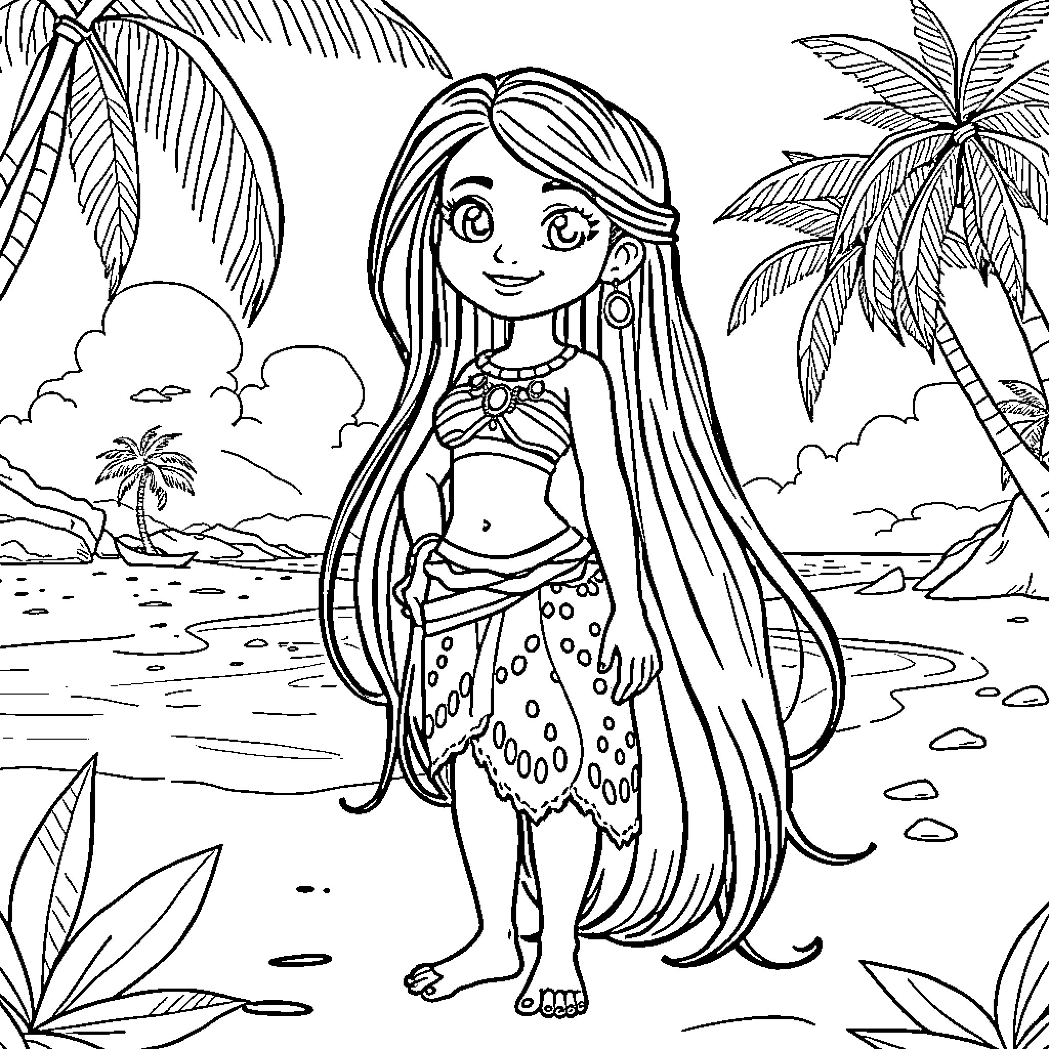 Vaiana standing confidently in tropical paradise Coloring Page (free black-and-white line drawing printable PDF for all, from beginners to advanced learners, including children, teens, adults, and seniors)