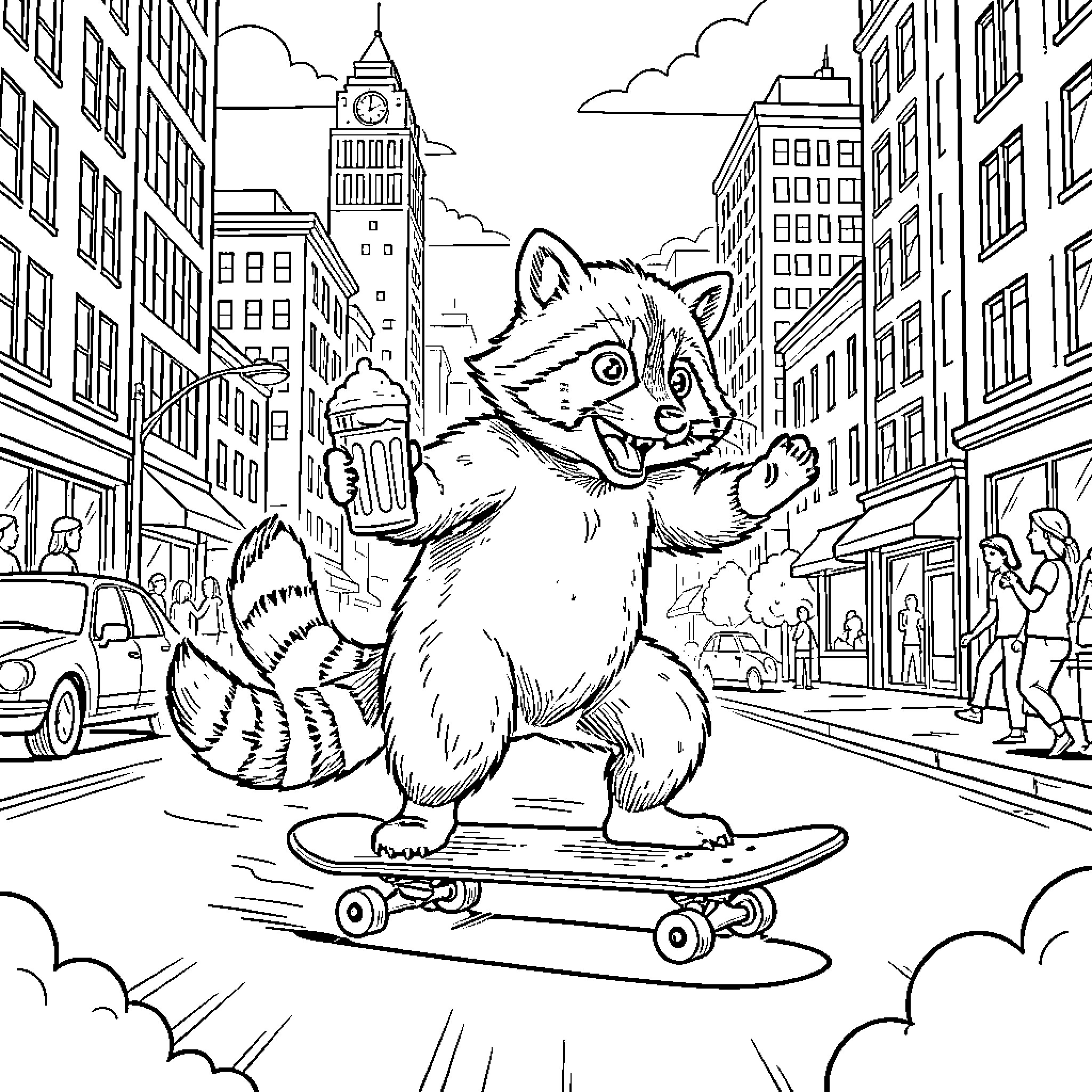 Raccoon riding a skateboard while holding a milkshake Coloring Page (free black-and-white line drawing printable PDF for all, from beginners to advanced learners, including children, teens, adults, and seniors)