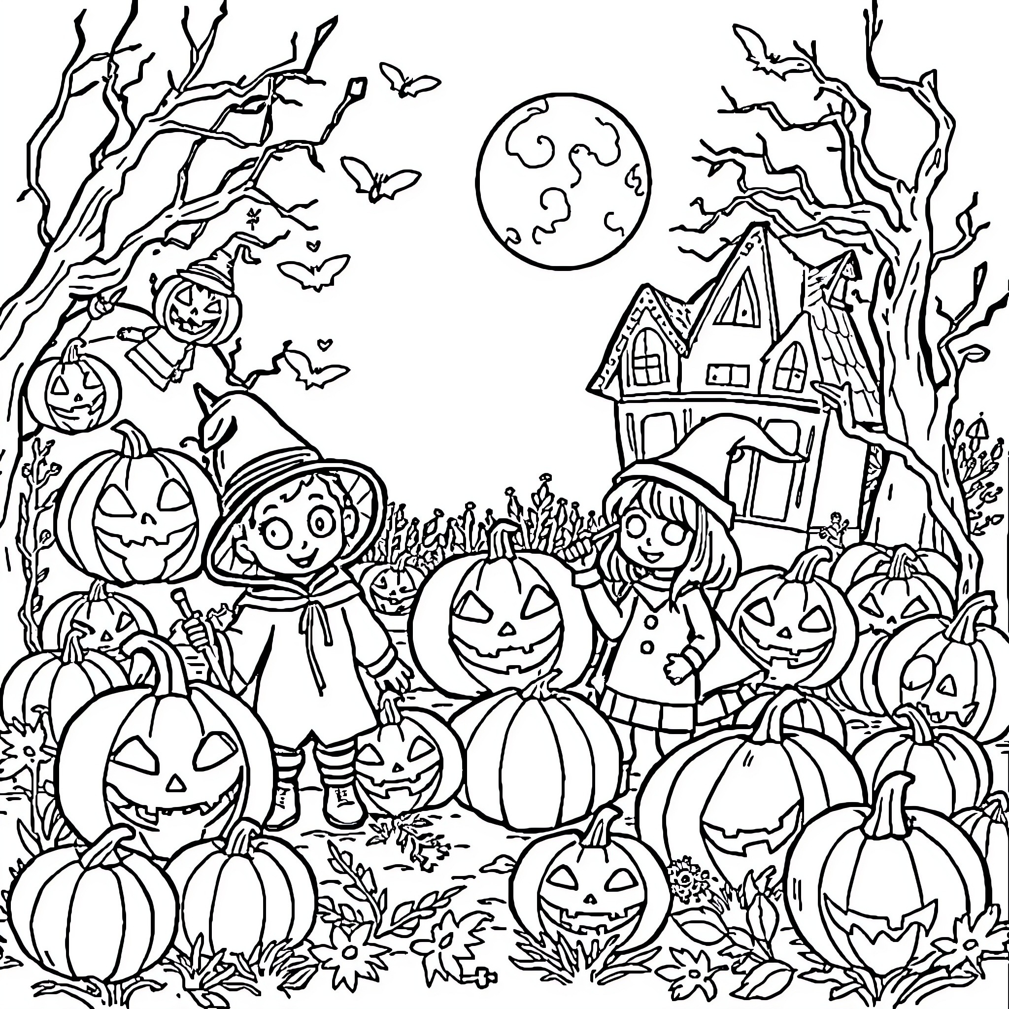 Halloween Celebration with Pumpkins, Characters, and Haunted House Coloring Page (free black-and-white line drawing printable PDF for all, from beginners to advanced learners, including children, teens, adults, and seniors)
