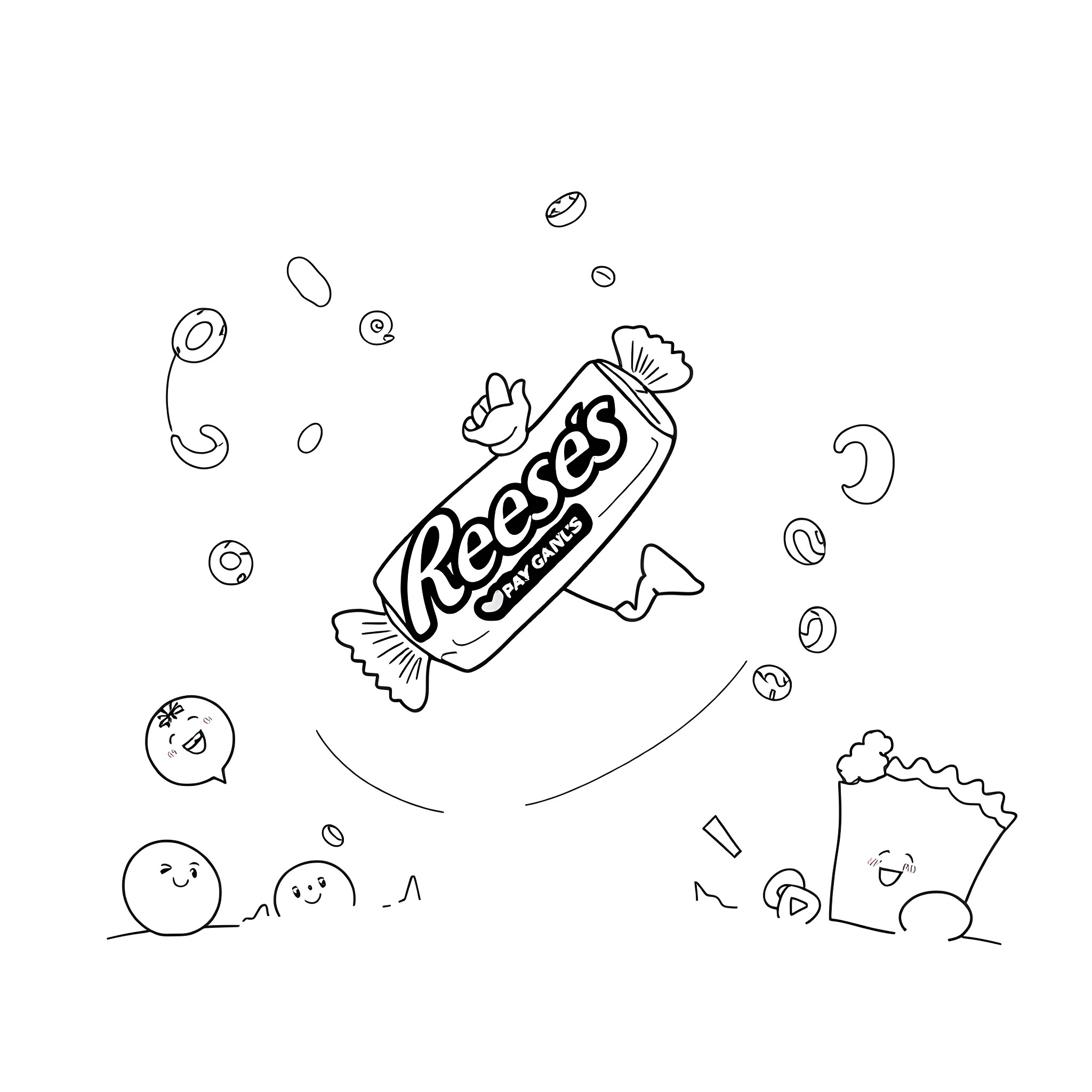 Reese's Candy Floating in Space Coloring Page (free black-and-white line drawing printable PDF for all, from beginners to advanced learners, including children, teens, adults, and seniors)