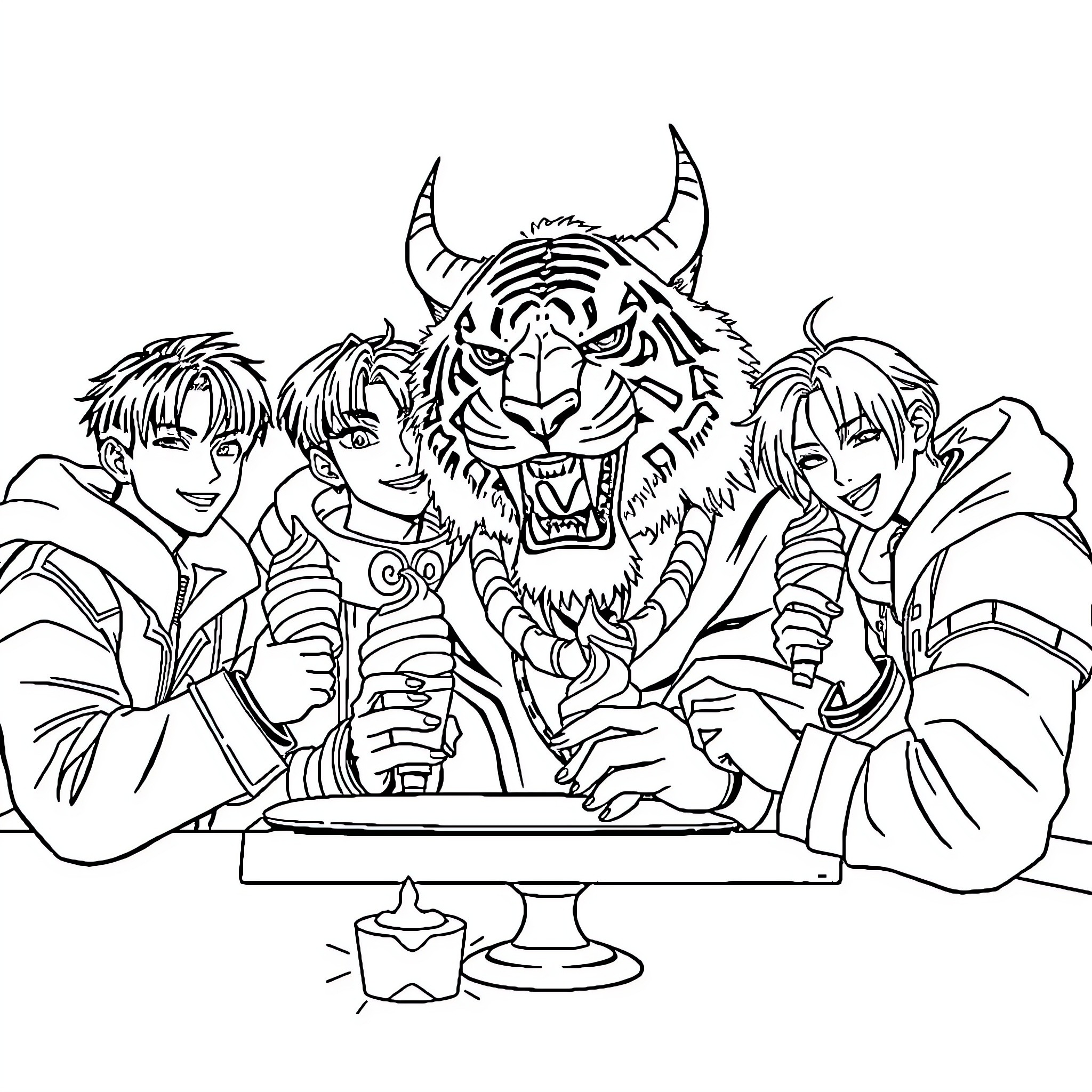 Tiger friends celebrating and sharing a treat Coloring Page (free black-and-white line drawing printable PDF for all, from beginners to advanced learners, including children, teens, adults, and seniors)