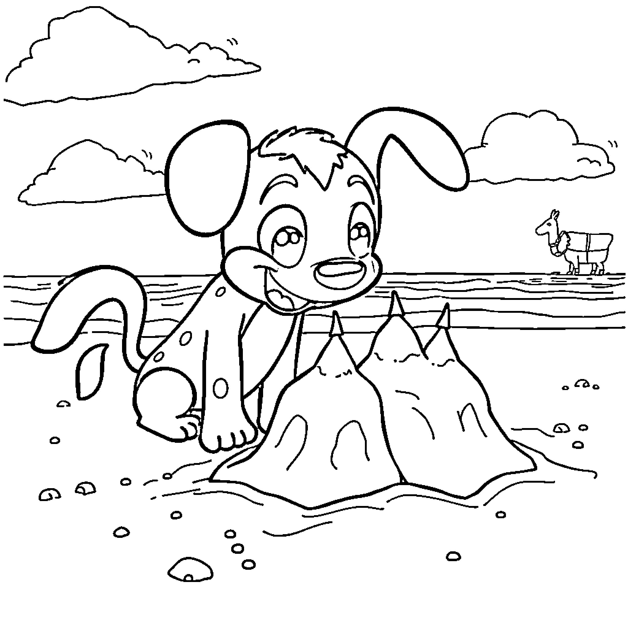 Bluey playing in the sand on a sunny day Coloring Page (free black-and-white line drawing printable PDF for all, from beginners to advanced learners, including children, teens, adults, and seniors)