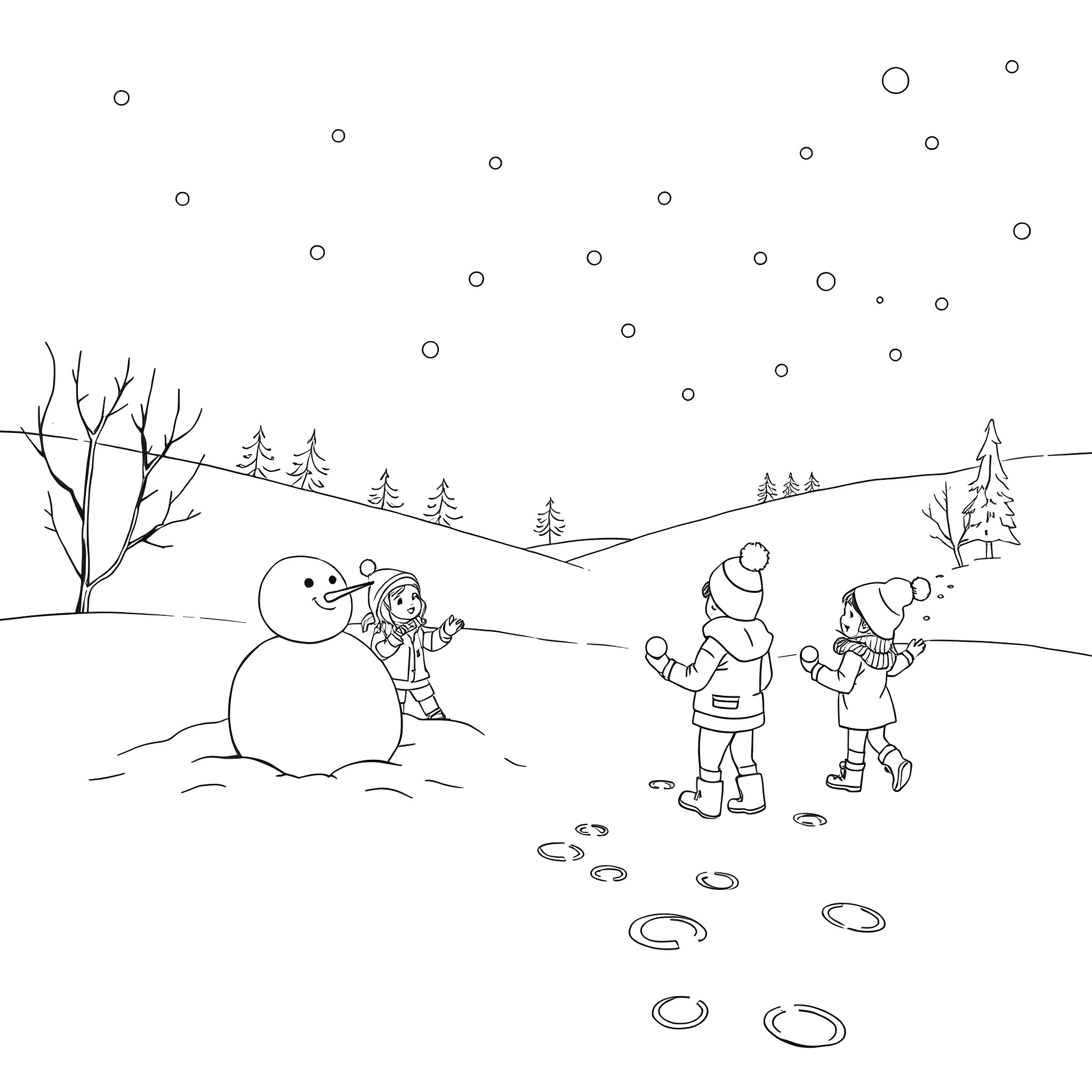 Frozen winter wonderland with children playing Coloring Page (free black-and-white line drawing printable PDF for all, from beginners to advanced learners, including children, teens, adults, and seniors)