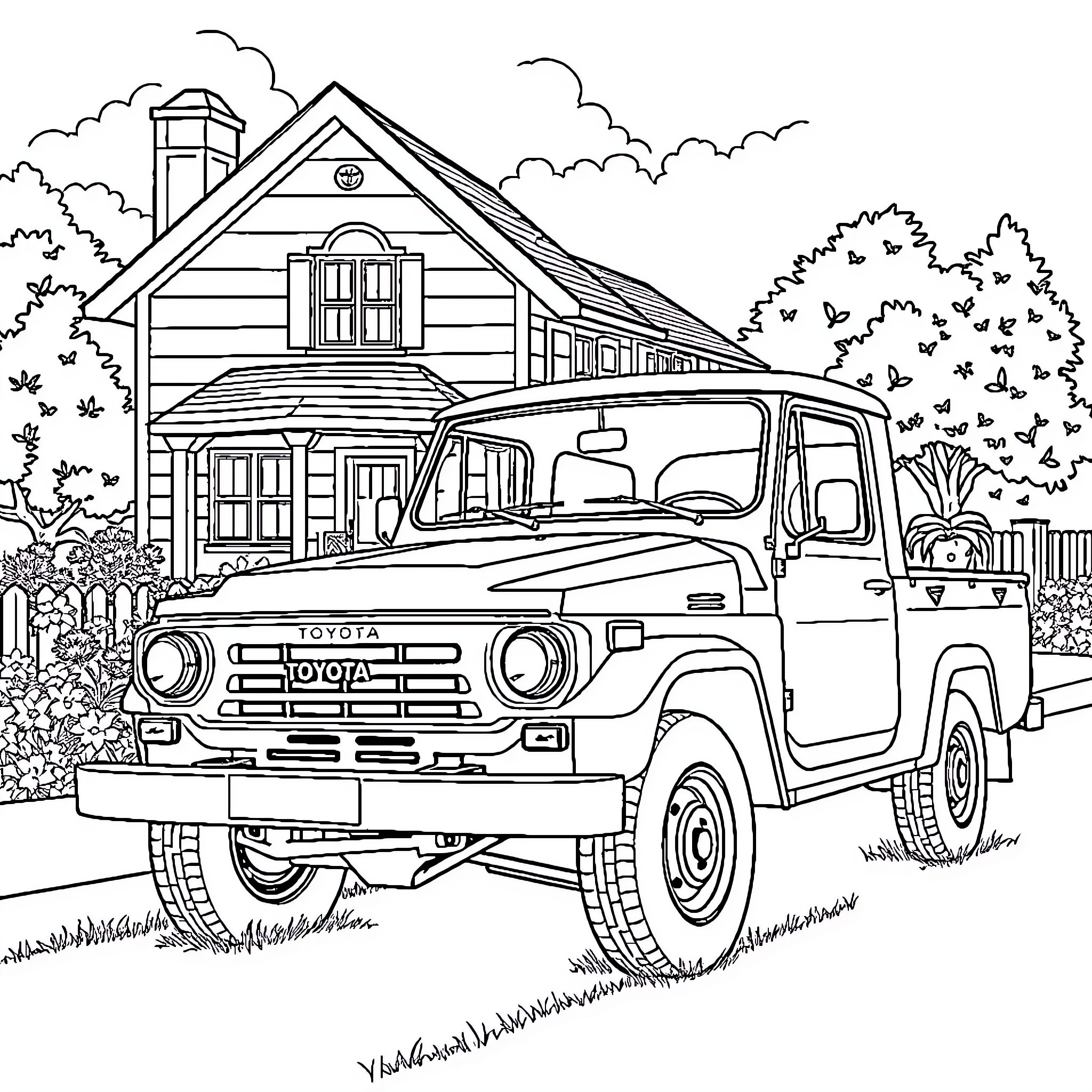 Toyota vintage truck parked in front of cabin Coloring Page (free black-and-white line drawing printable PDF for all, from beginners to advanced learners, including children, teens, adults, and seniors)