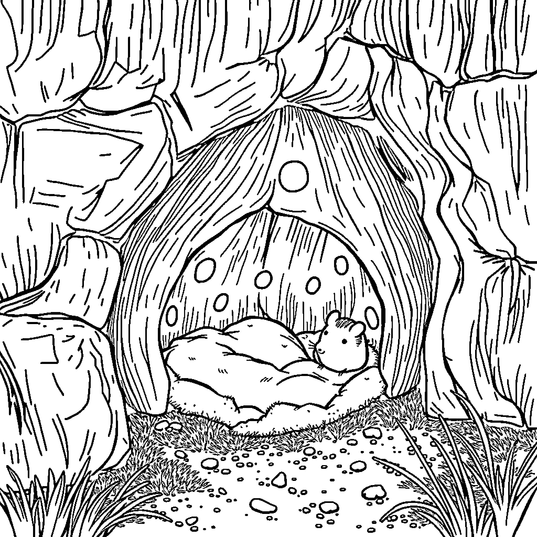 Mouse exploring a cozy mushroom home in the forest Coloring Page (free black-and-white line drawing printable PDF for all, from beginners to advanced learners, including children, teens, adults, and seniors)