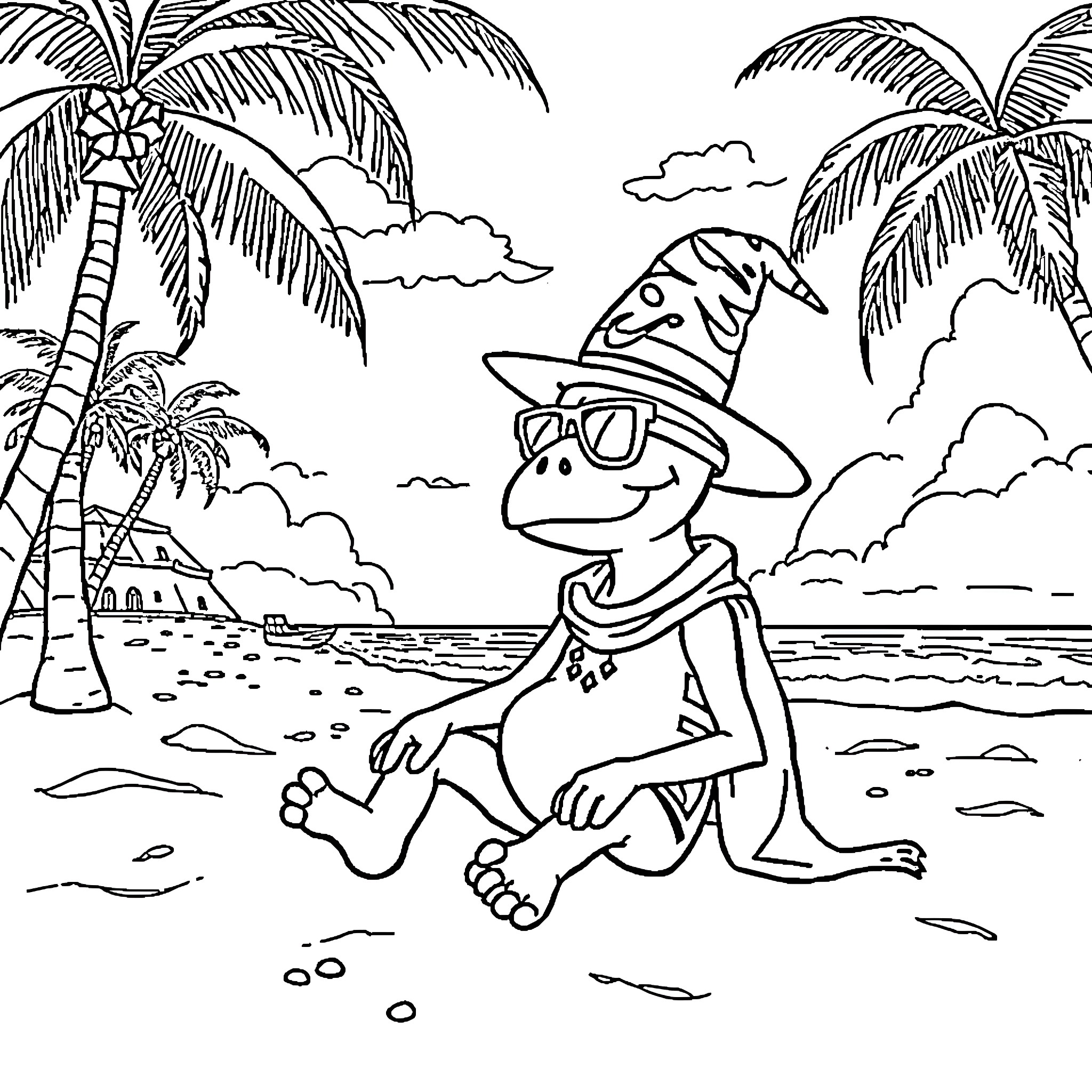 Cappuccino at the tropical beach Coloring Page (free black-and-white line drawing printable PDF for all, from beginners to advanced learners, including children, teens, adults, and seniors)