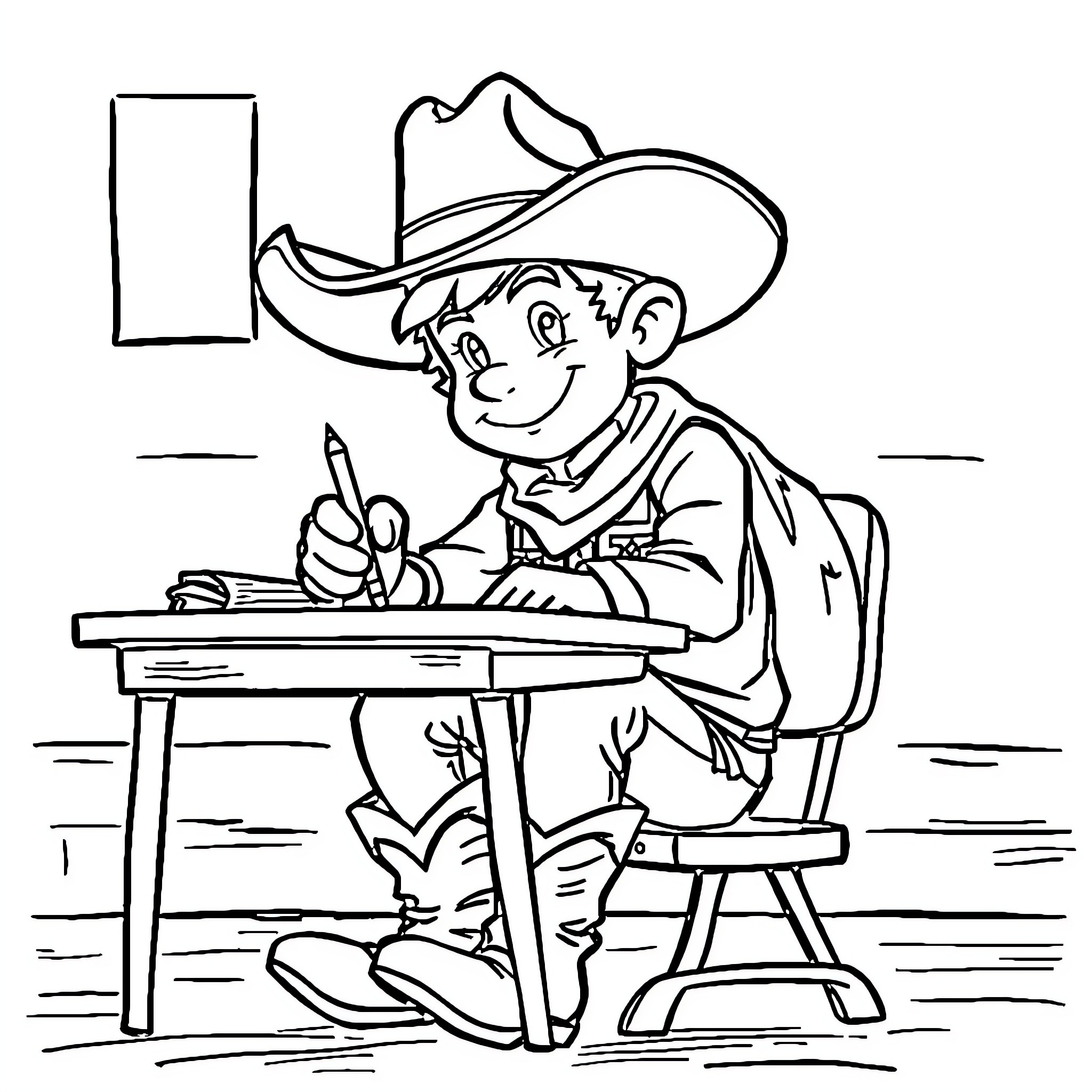 Cowboy writing notes at desk Coloring Page (free black-and-white line drawing printable PDF for all, from beginners to advanced learners, including children, teens, adults, and seniors)