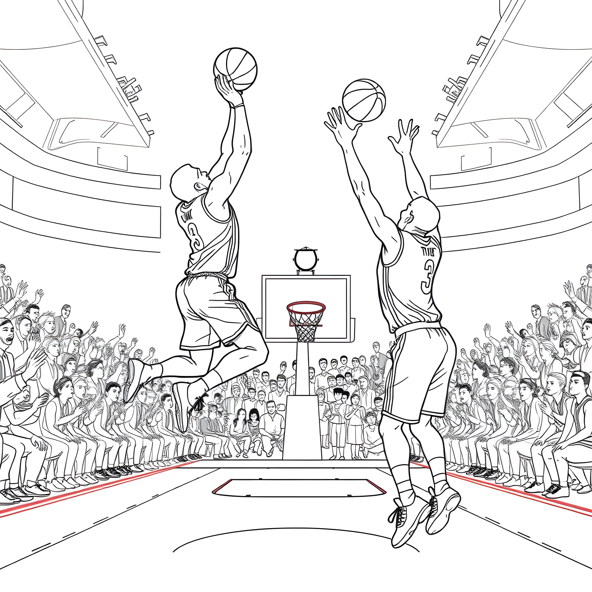 NBA Players Competing in Basketball Game Coloring Page (free black-and-white line drawing printable PDF for all, from beginners to advanced learners, including children, teens, adults, and seniors)
