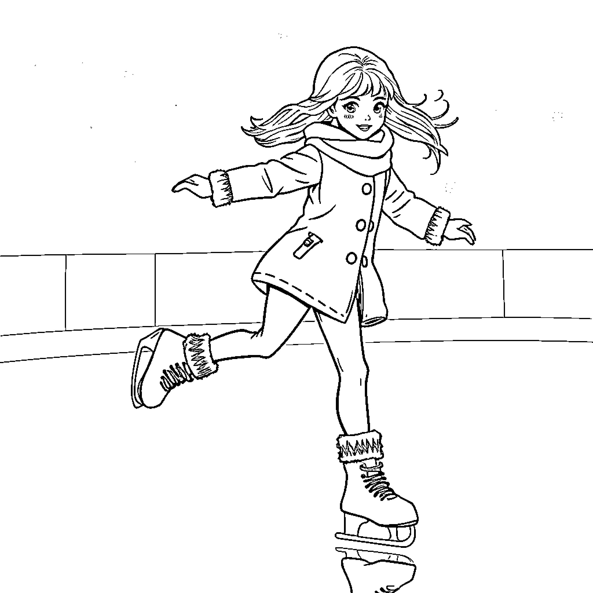 Girl joyfully skating on ice rink Coloring Page (free black-and-white line drawing printable PDF for all, from beginners to advanced learners, including children, teens, adults, and seniors)
