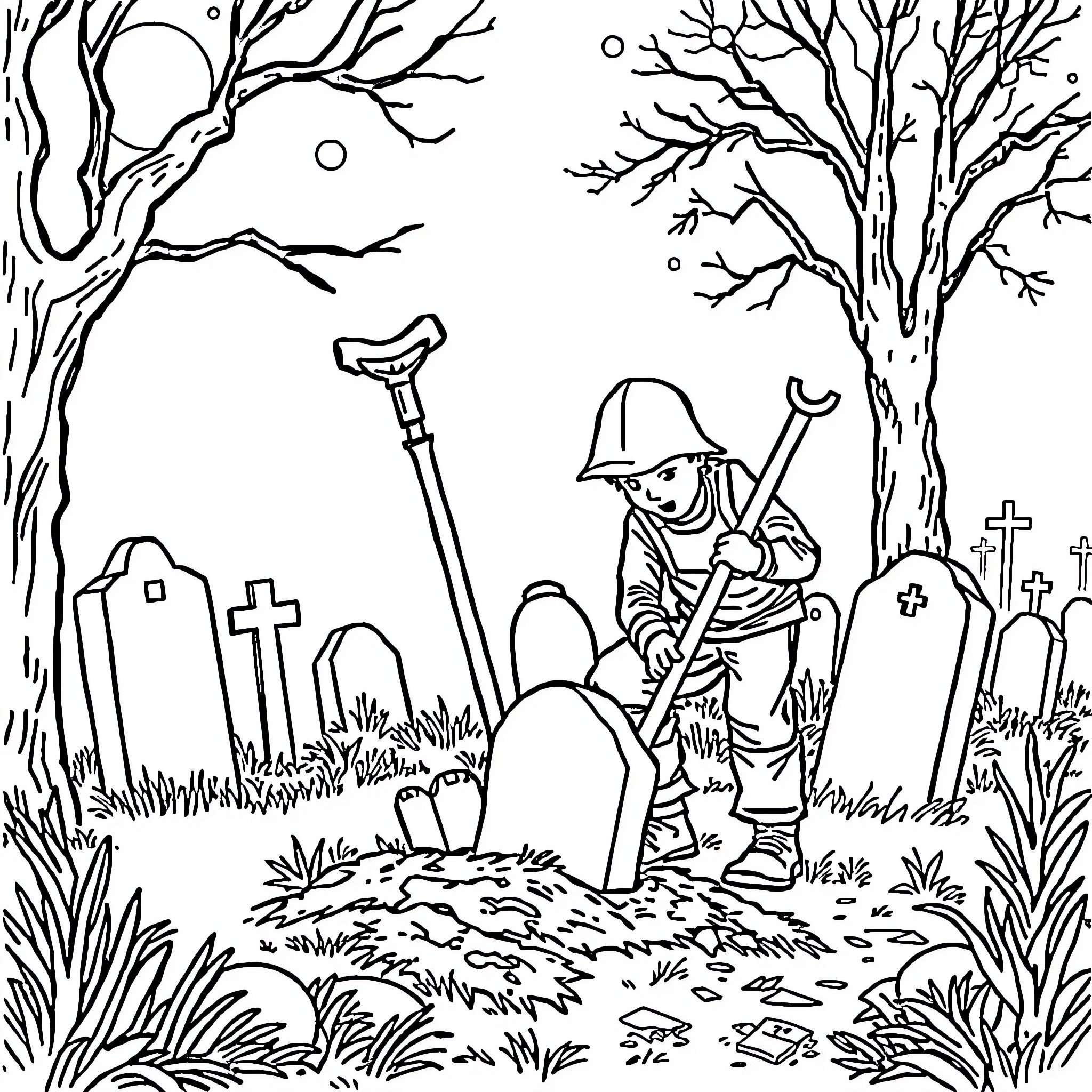 Digger working in a spooky graveyard Coloring Page (free black-and-white line drawing printable PDF for all, from beginners to advanced learners, including children, teens, adults, and seniors)