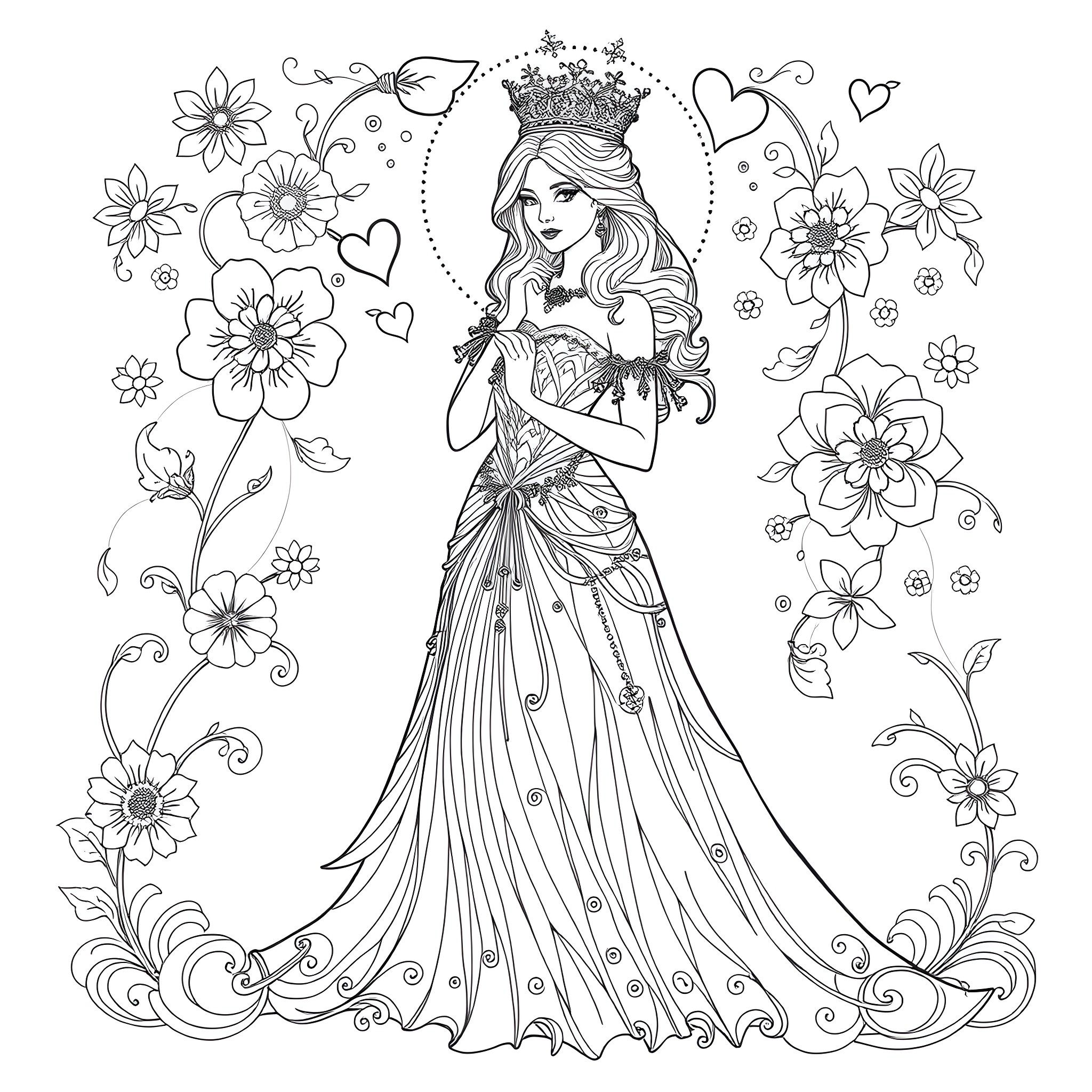 Queen in elegant floral gown with crown Coloring Page (free black-and-white line drawing printable PDF for all, from beginners to advanced learners, including children, teens, adults, and seniors)