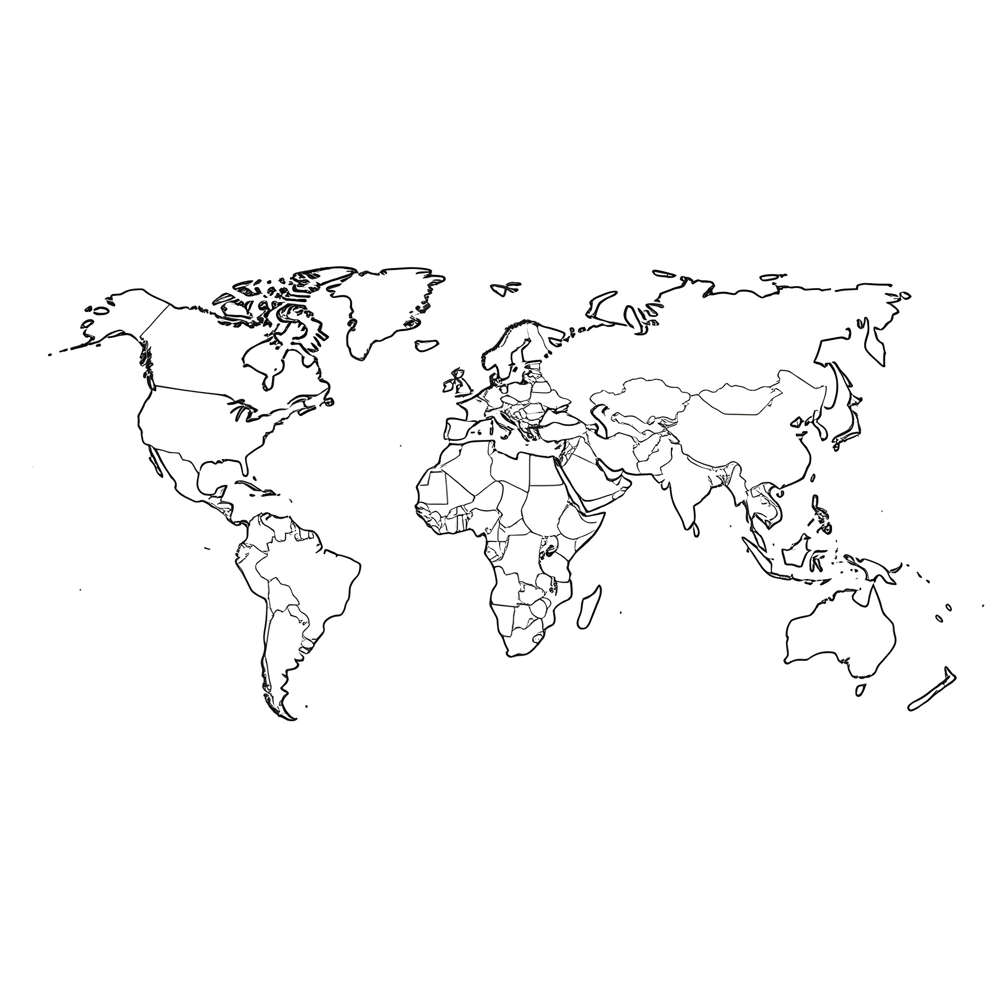 World Map Outline with Continents and Regions Coloring Page (free black-and-white line drawing printable PDF for all, from beginners to advanced learners, including children, teens, adults, and seniors)