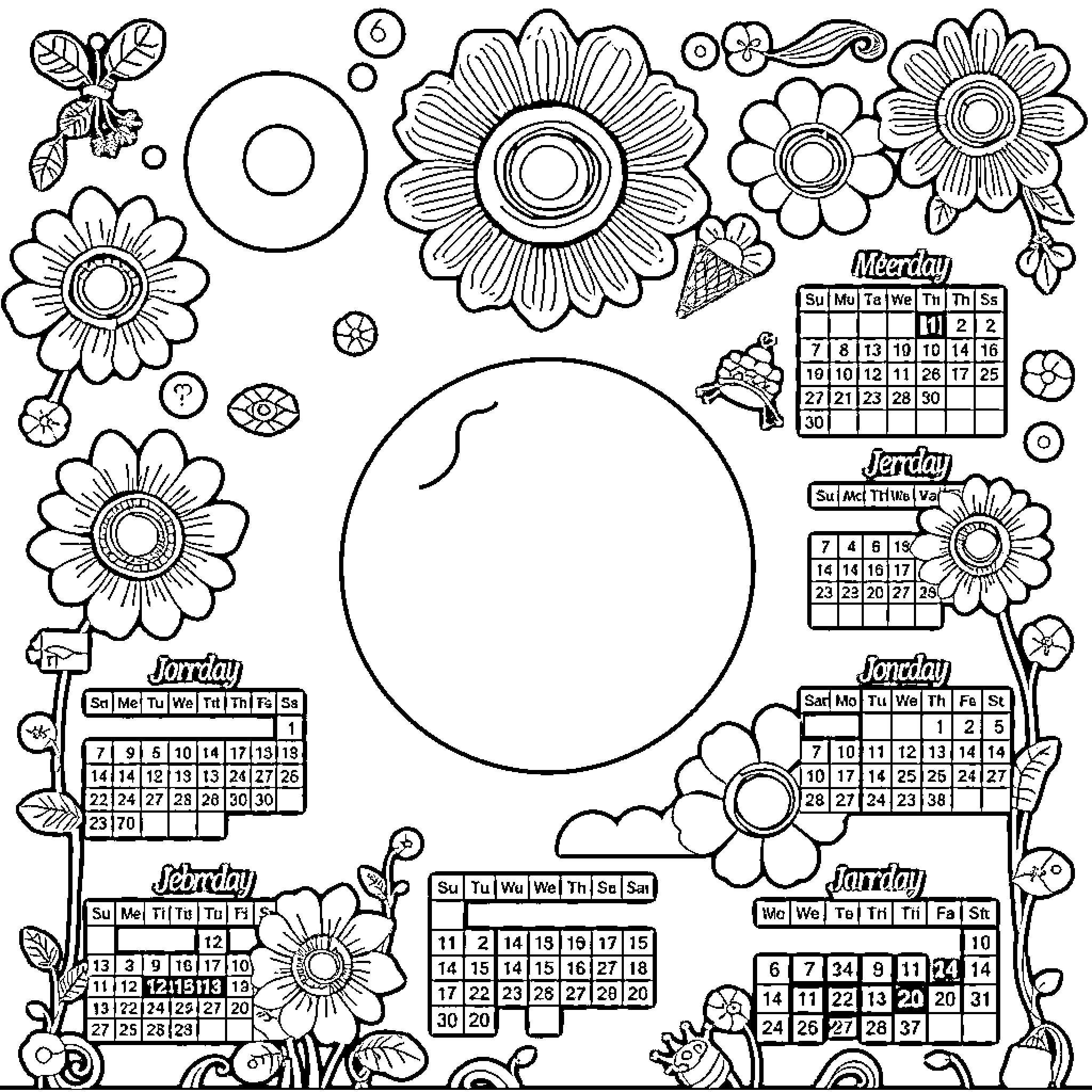 Calendar of Flower-Filled Days Coloring Page (free black-and-white line drawing printable PDF for all, from beginners to advanced learners, including children, teens, adults, and seniors)