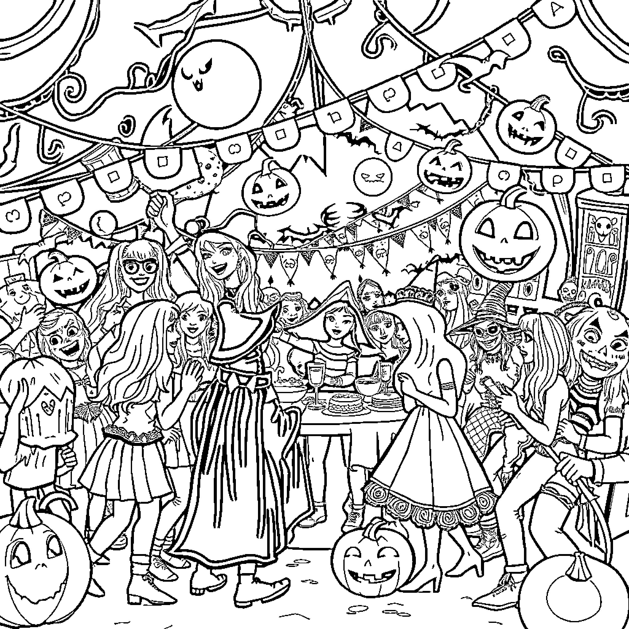 Halloween costume party with decorations and festivities Coloring Page (free black-and-white line drawing printable PDF for all, from beginners to advanced learners, including children, teens, adults, and seniors)