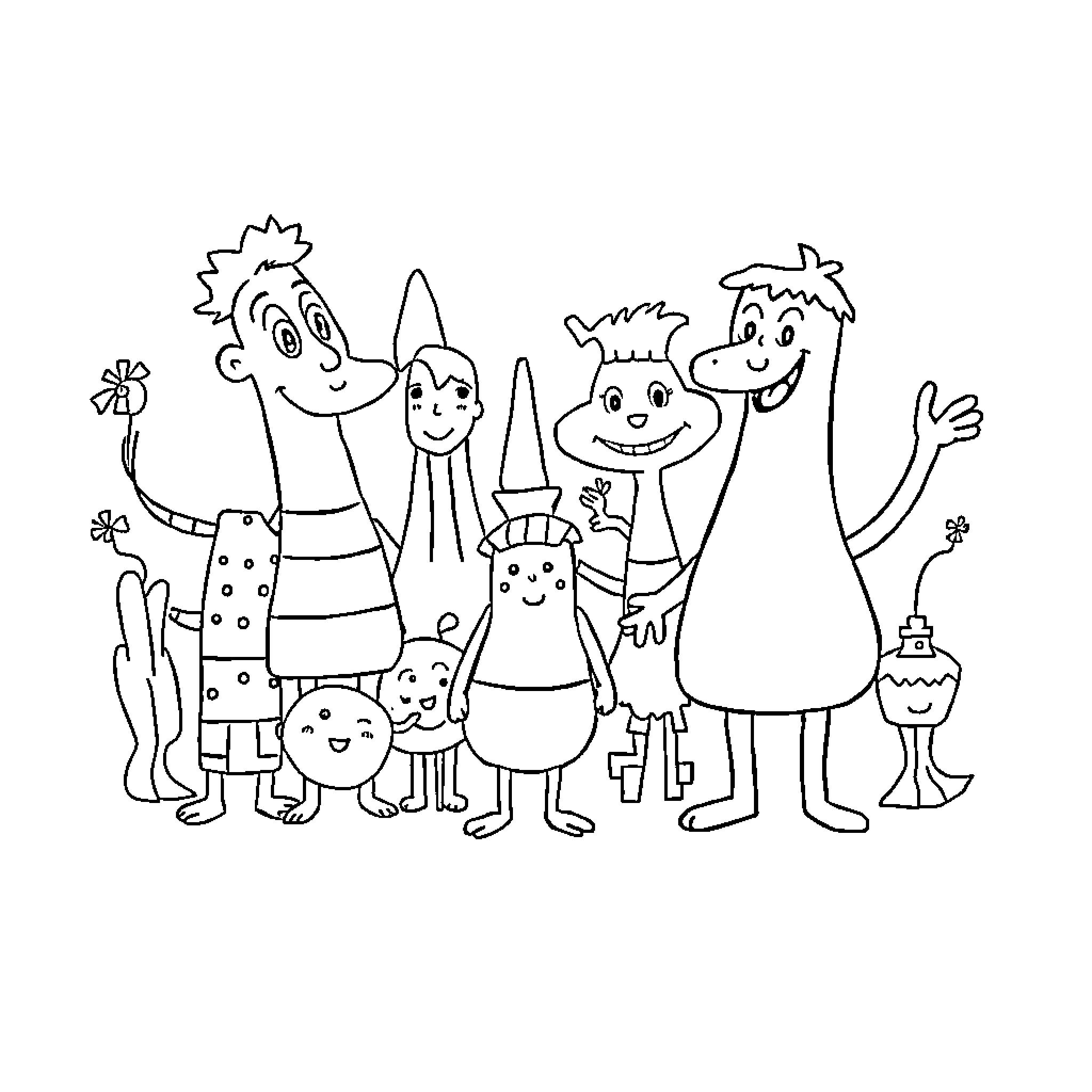 Drawing of a cheerful family gathered together Coloring Page (free black-and-white line drawing printable PDF for all, from beginners to advanced learners, including children, teens, adults, and seniors)