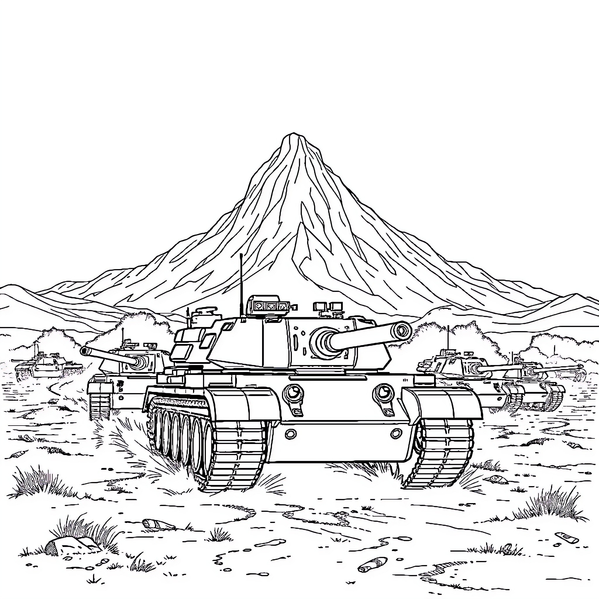 Tank in Rugged Terrain with Mountain Backdrop Coloring Page (free black-and-white line drawing printable PDF for all, from beginners to advanced learners, including children, teens, adults, and seniors)