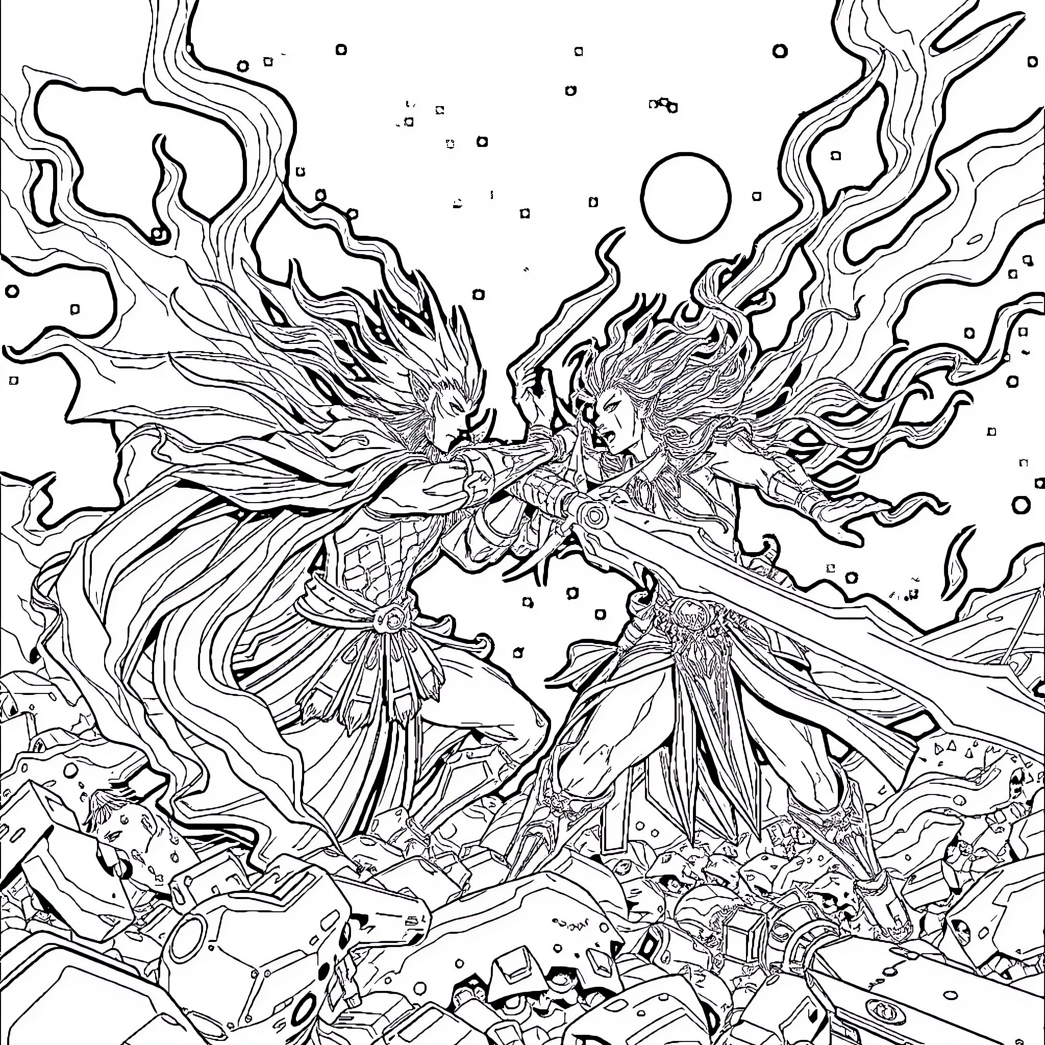 Sunjinwo: Fantastical Clash of Cosmic Figures Coloring Page (free black-and-white line drawing printable PDF for all, from beginners to advanced learners, including children, teens, adults, and seniors)