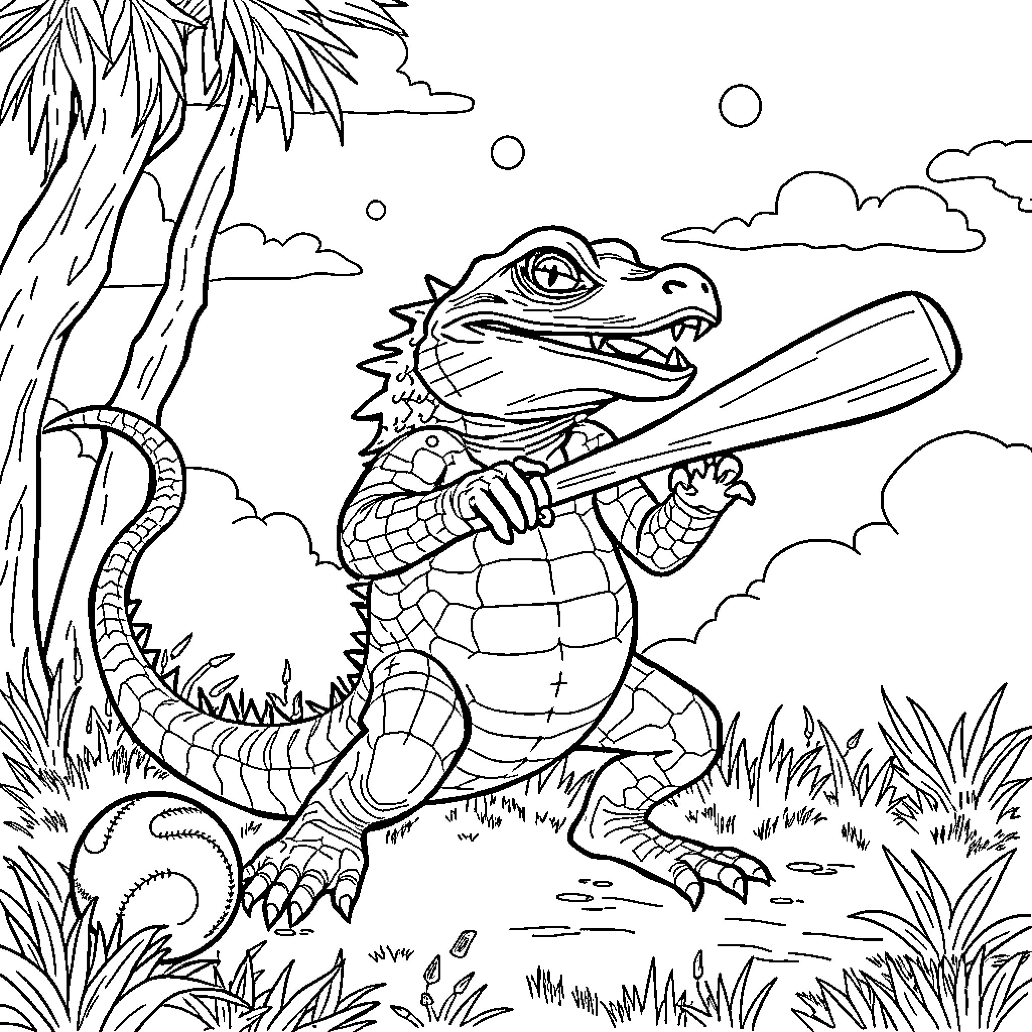 Cocodrilo exploring the wilderness with a tool Coloring Page (free black-and-white line drawing printable PDF for all, from beginners to advanced learners, including children, teens, adults, and seniors)