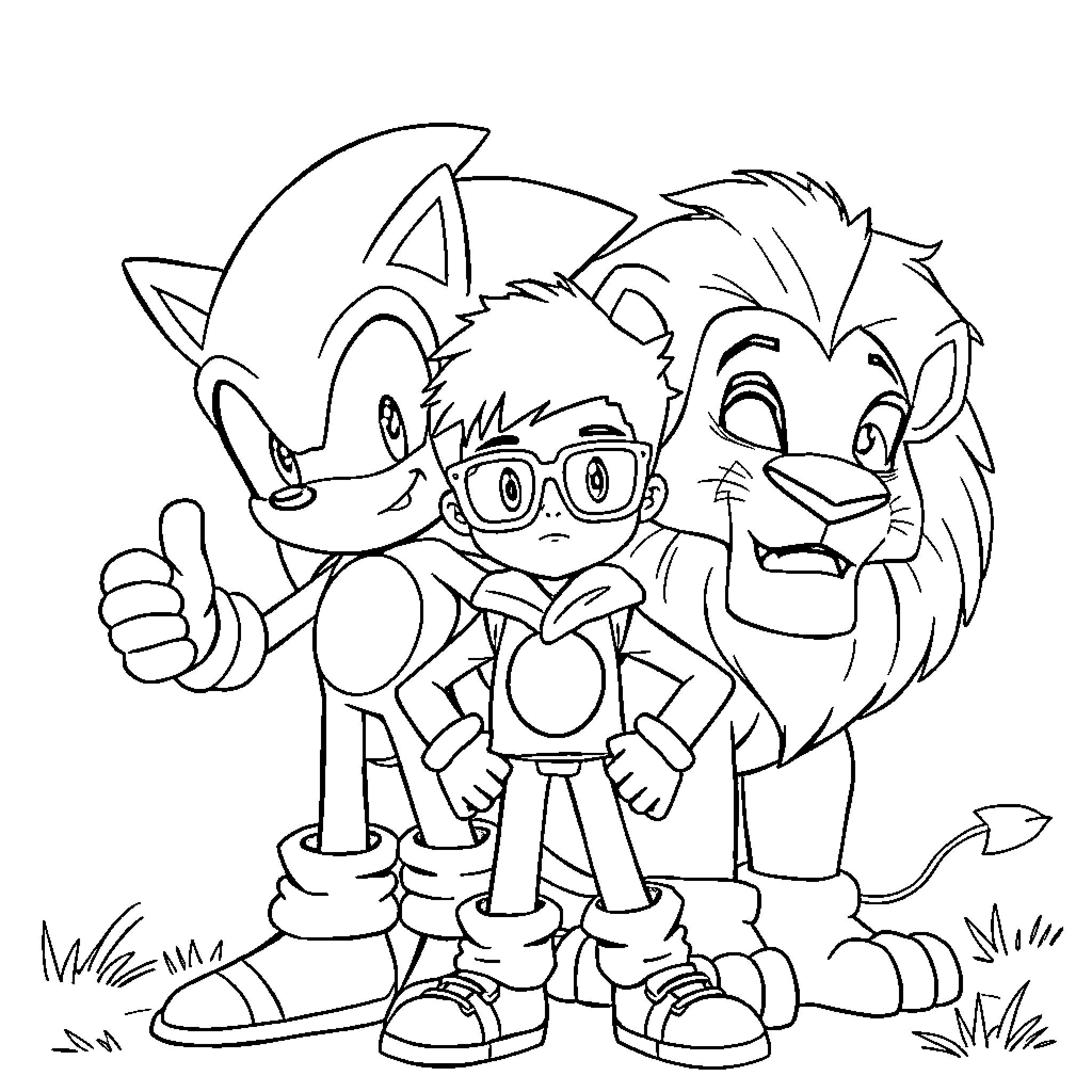 Boy with animal companions in an outdoor scene Coloring Page (free black-and-white line drawing printable PDF for all, from beginners to advanced learners, including children, teens, adults, and seniors)