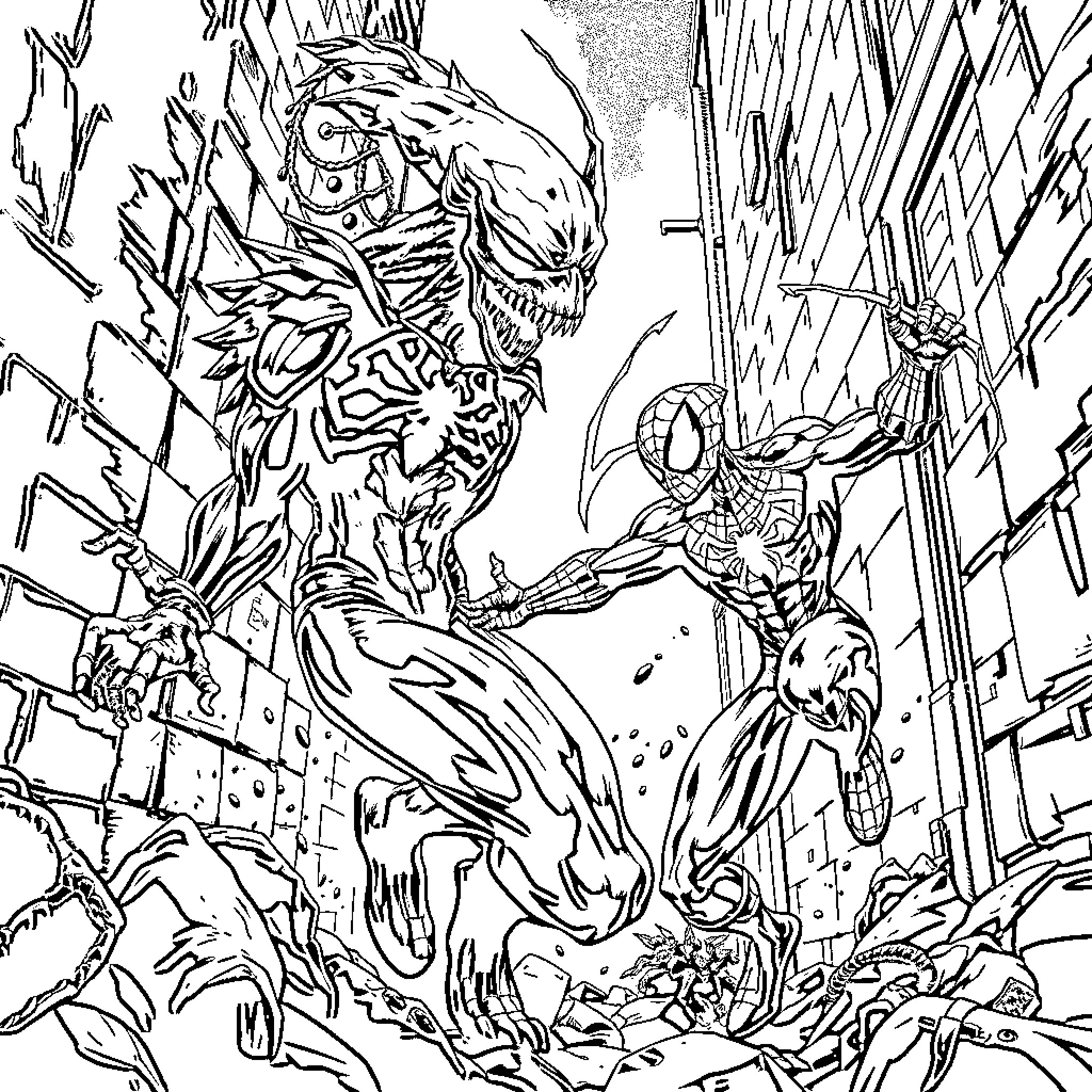 Spawn Battles Fearsome Villain in Chaotic City Clash Coloring Page (free black-and-white line drawing printable PDF for all, from beginners to advanced learners, including children, teens, adults, and seniors)