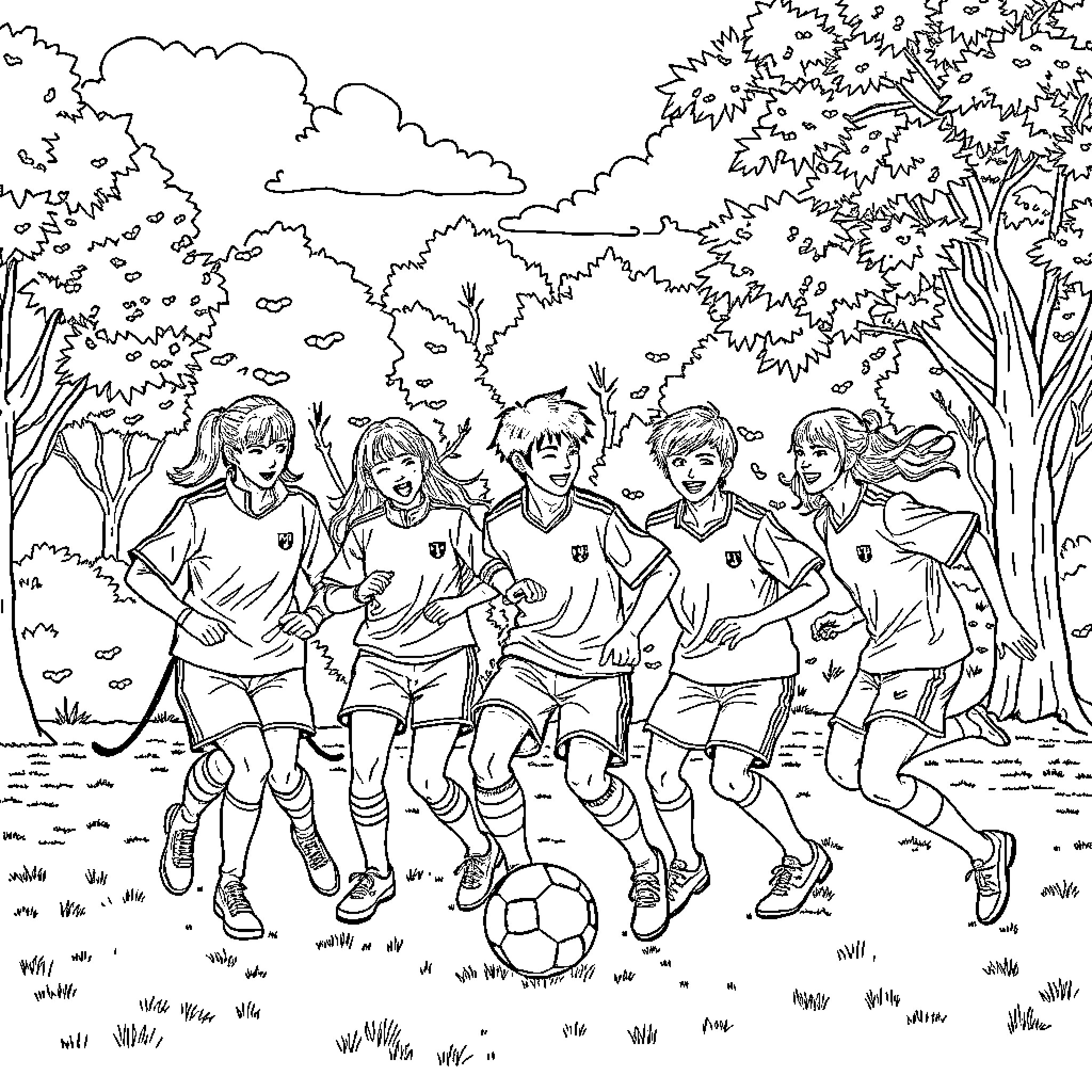 Demon Hunter Kids Kicking a Soccer Ball in Forest Coloring Page (free black-and-white line drawing printable PDF for all, from beginners to advanced learners, including children, teens, adults, and seniors)