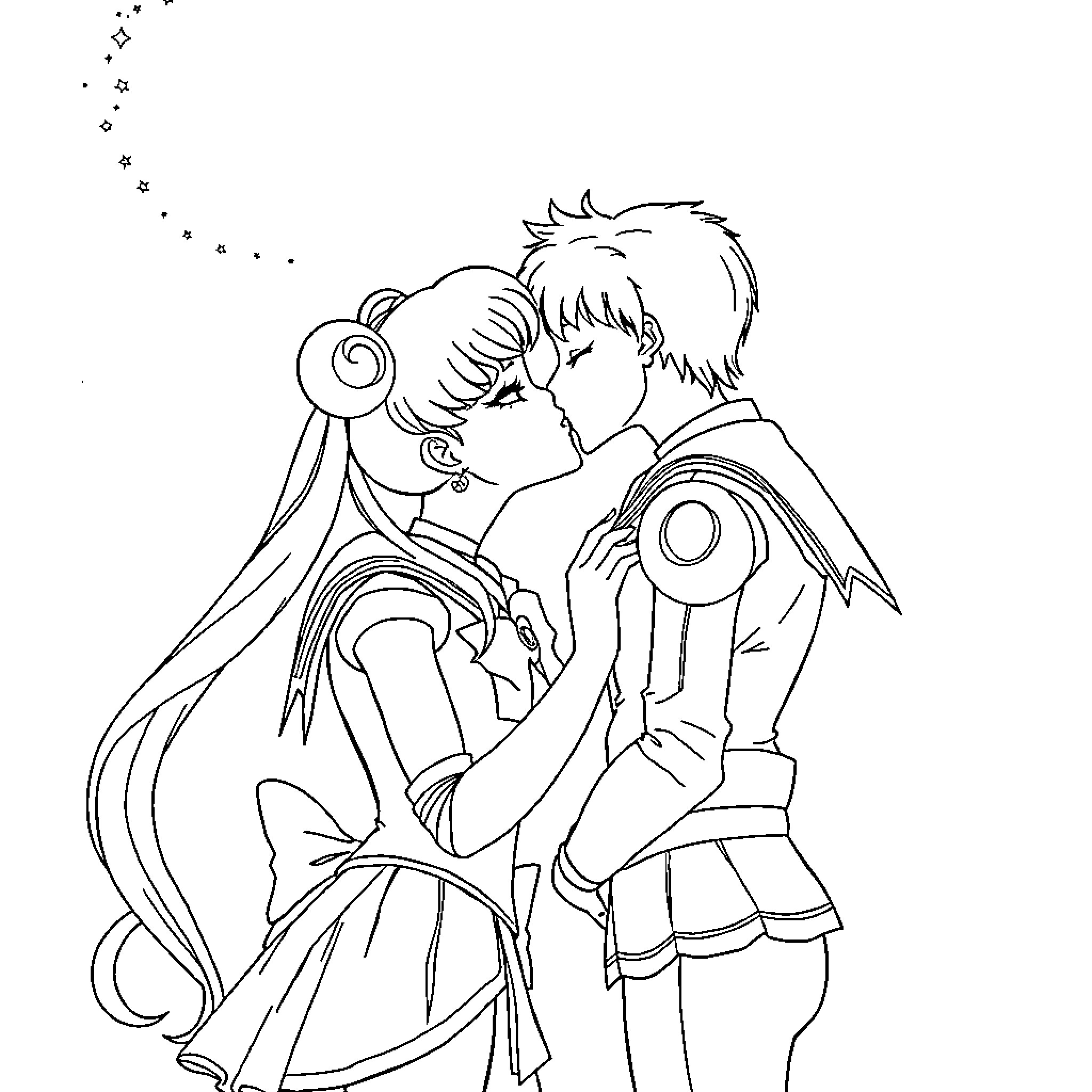 Sailor Moon characters in a romantic embrace Coloring Page (free black-and-white line drawing printable PDF for all, from beginners to advanced learners, including children, teens, adults, and seniors)