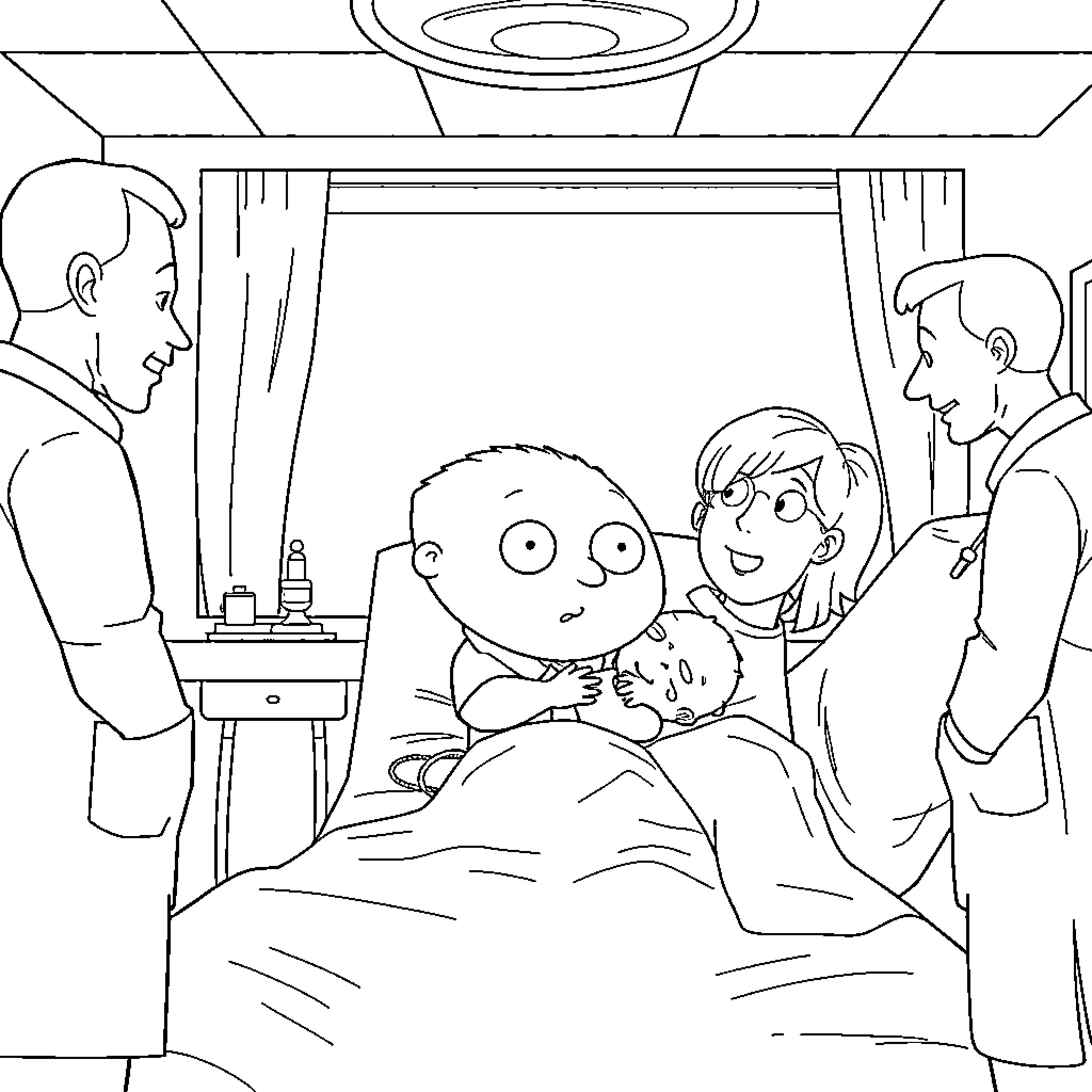 Stewie's Exciting Hospital Visit Coloring Page (free black-and-white line drawing printable PDF for all, from beginners to advanced learners, including children, teens, adults, and seniors)