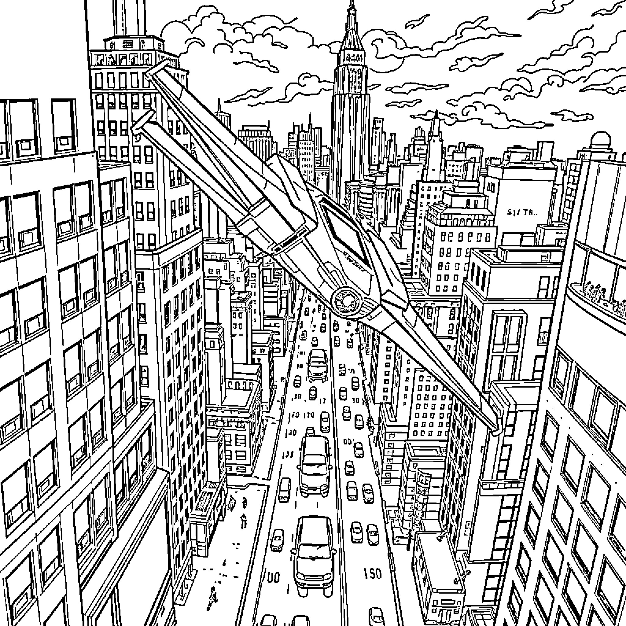 X-Wing Soaring Over Bustling Cityscape Coloring Page (free black-and-white line drawing printable PDF for all, from beginners to advanced learners, including children, teens, adults, and seniors)