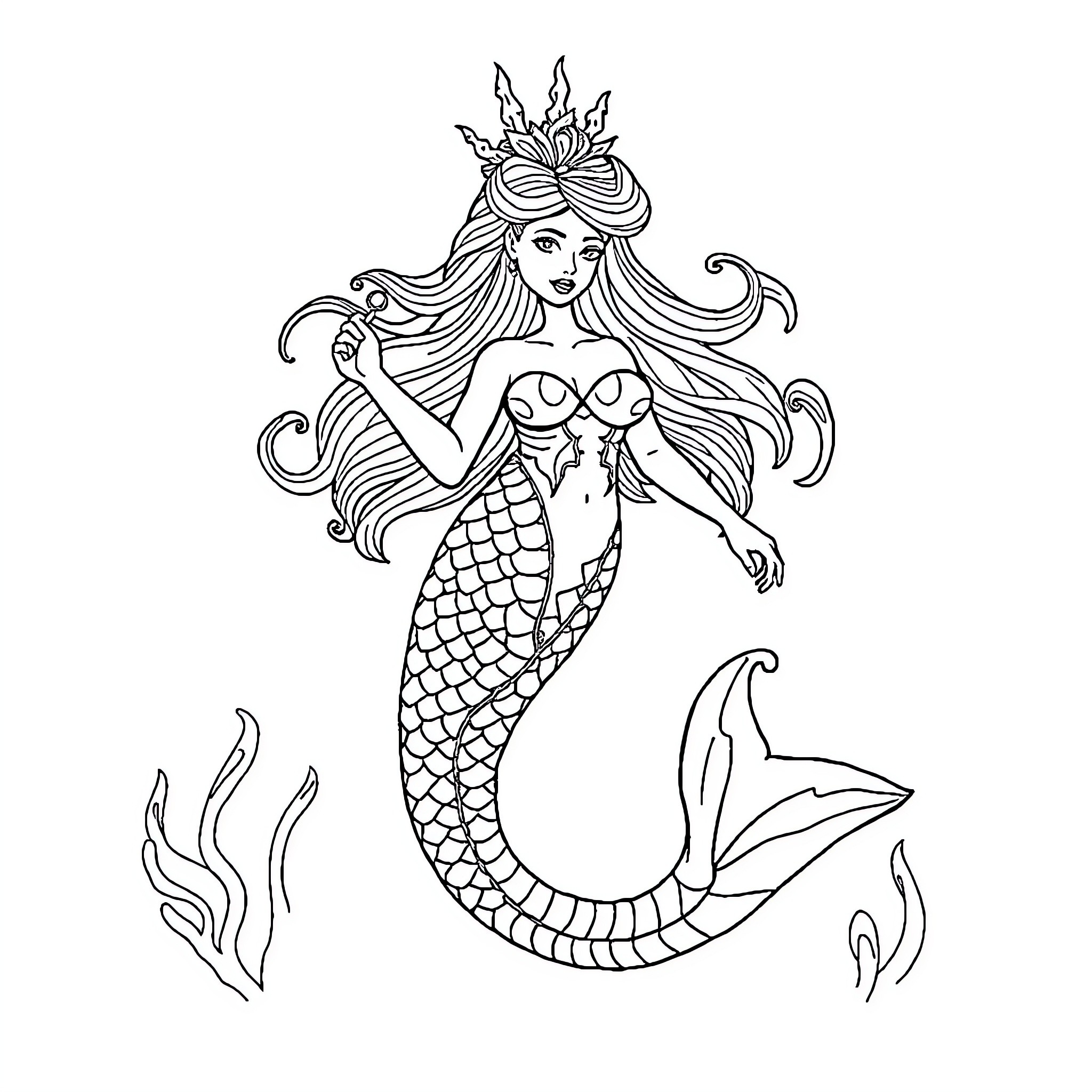 Siren with flowing hair and mermaid tail Coloring Page (free black-and-white line drawing printable PDF for all, from beginners to advanced learners, including children, teens, adults, and seniors)