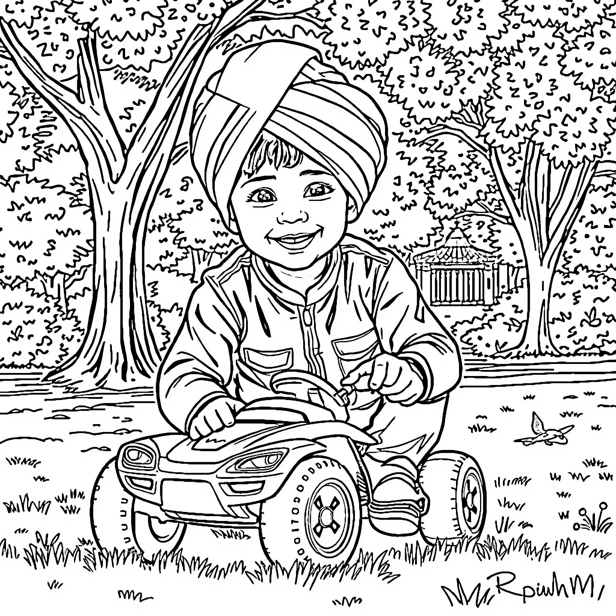 Kid riding toy car in park Coloring Page (free black-and-white line drawing printable PDF for all, from beginners to advanced learners, including children, teens, adults, and seniors)
