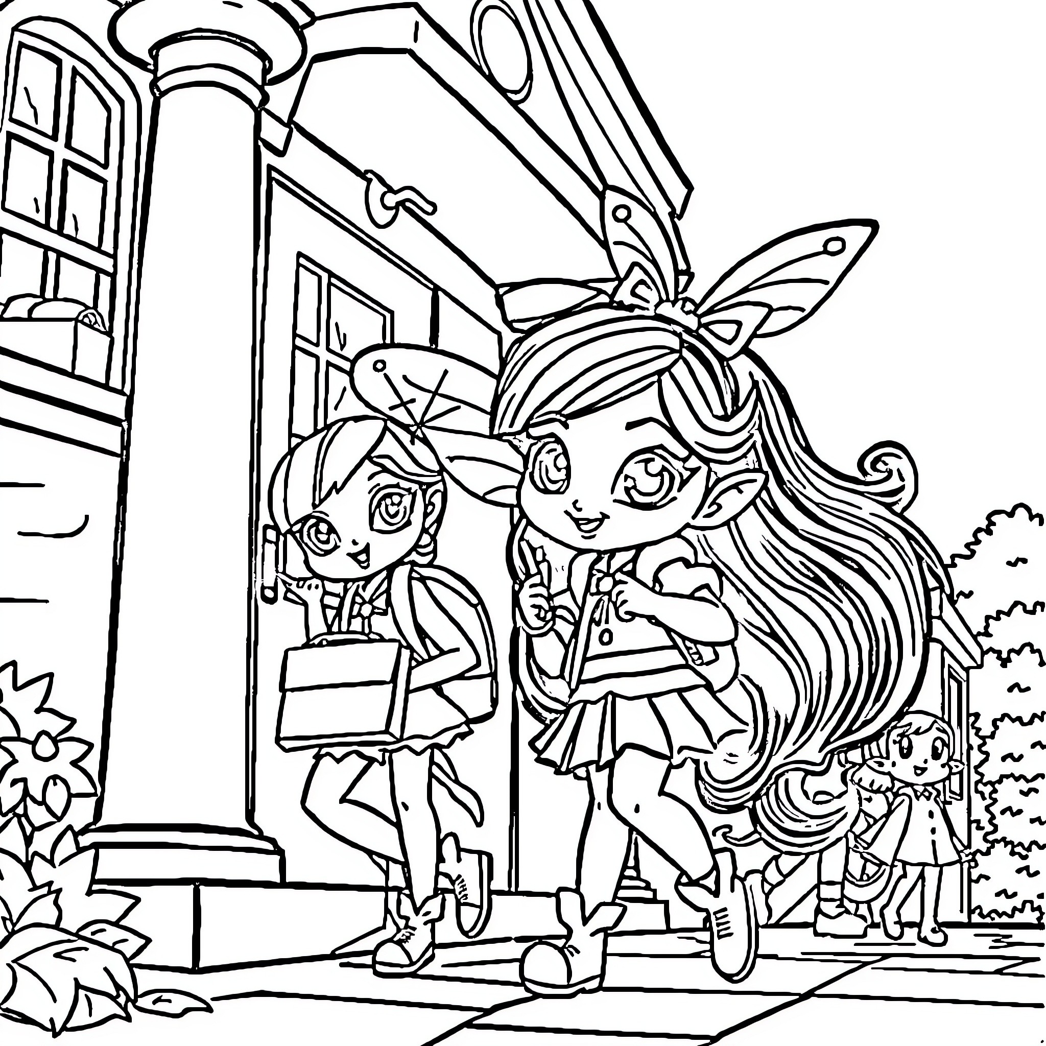 Miraculous Girl Squad Exploring Enchanting Abode Coloring Page (free black-and-white line drawing printable PDF for all, from beginners to advanced learners, including children, teens, adults, and seniors)