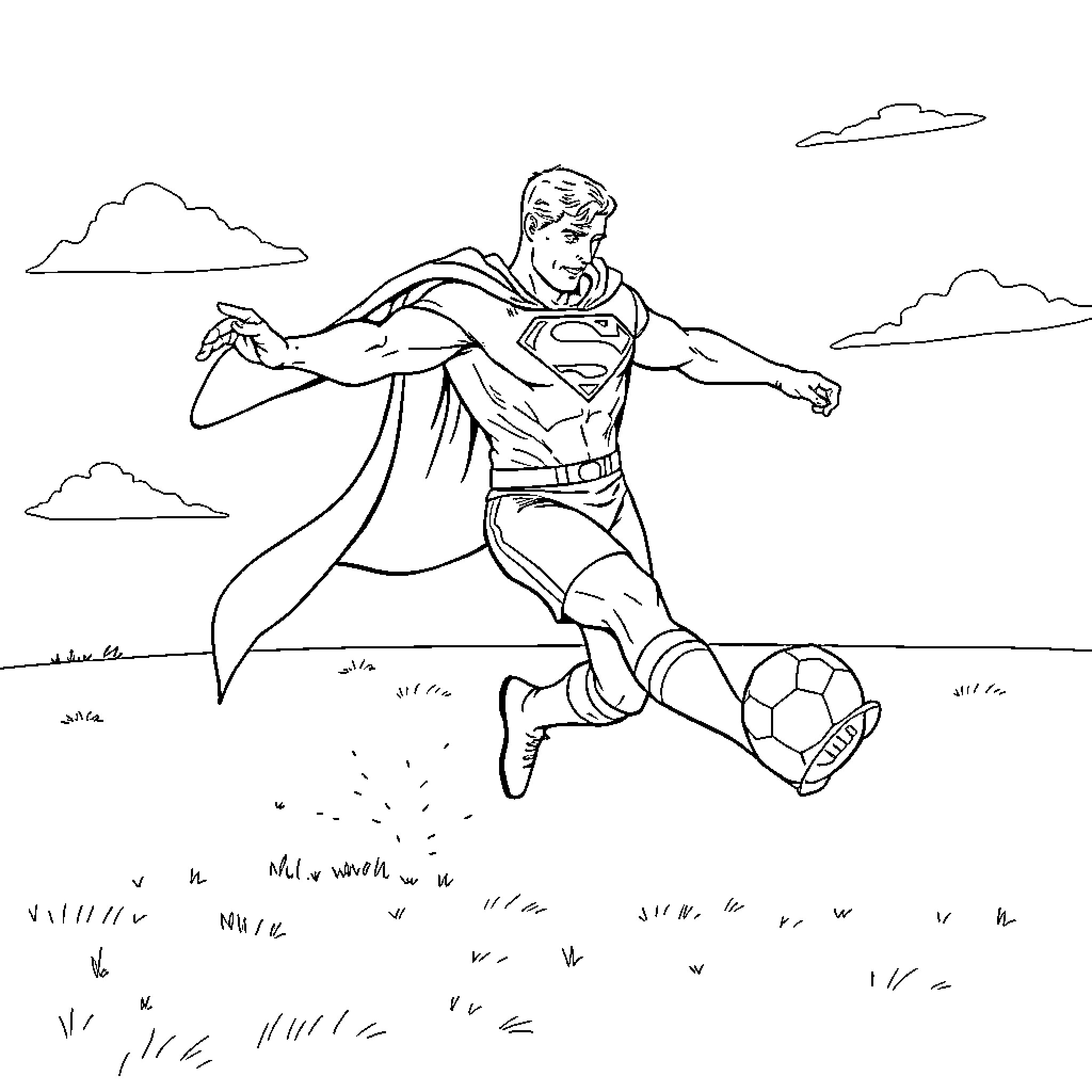 Superman heroically kicking a soccer ball Coloring Page (free black-and-white line drawing printable PDF for all, from beginners to advanced learners, including children, teens, adults, and seniors)