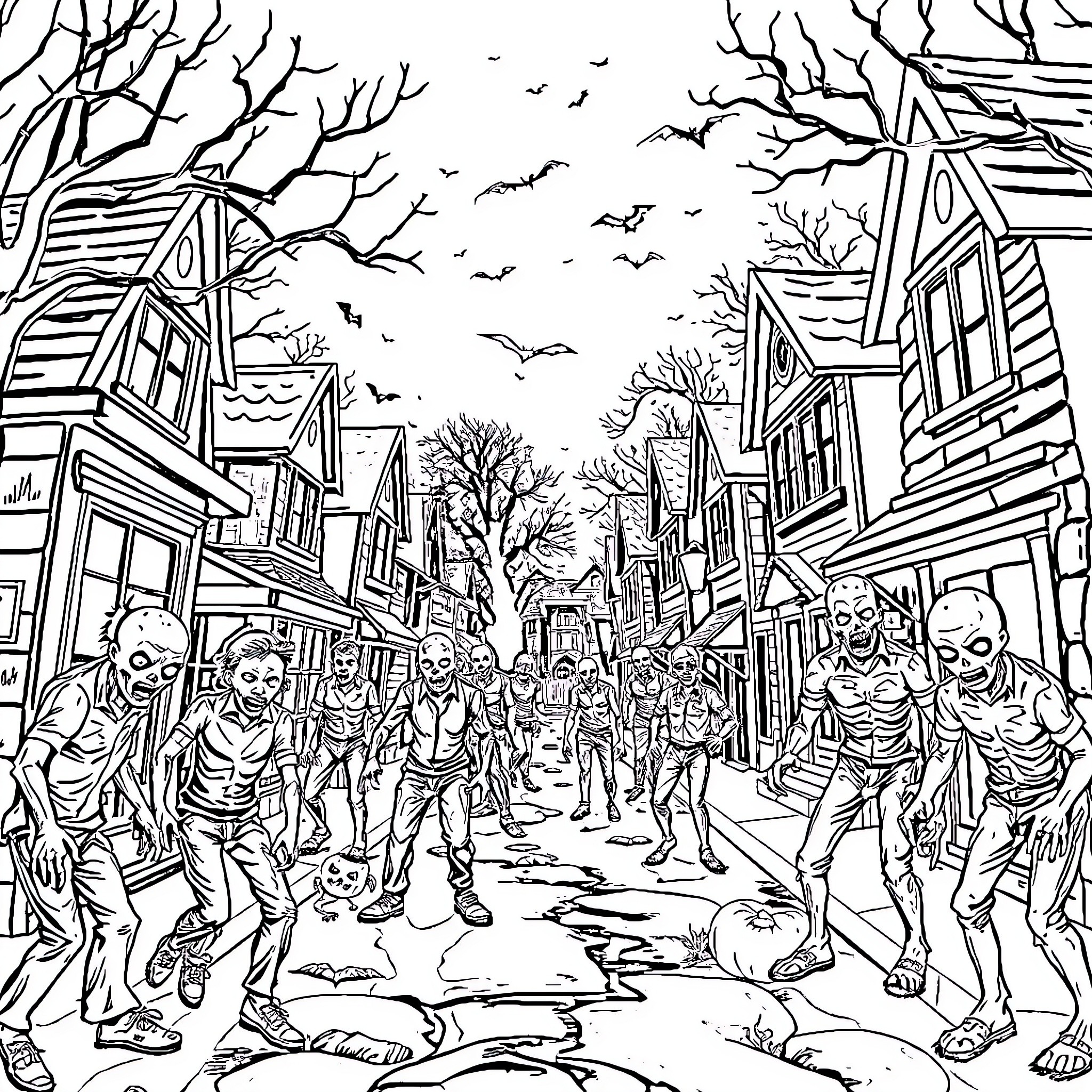 Zombie Chaos in the Abandoned Town Coloring Page (free black-and-white line drawing printable PDF for all, from beginners to advanced learners, including children, teens, adults, and seniors)