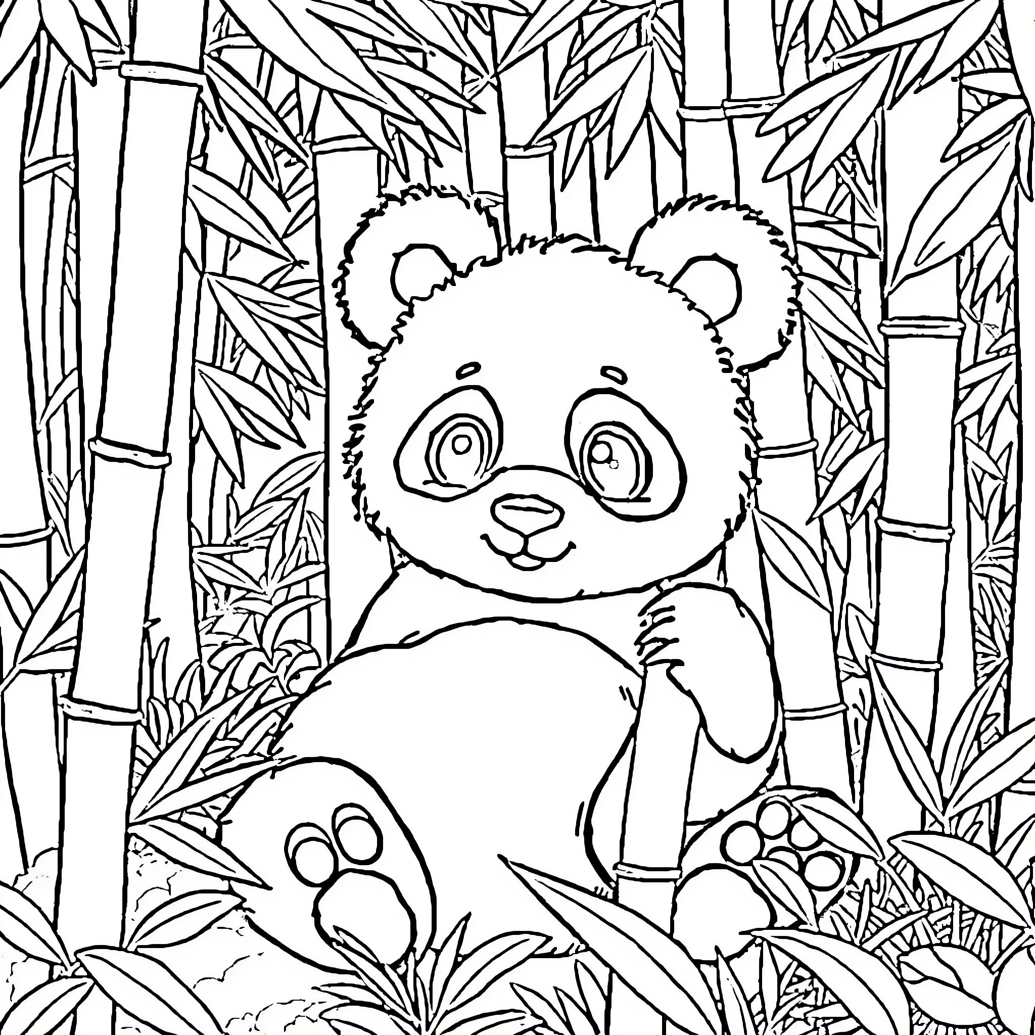 Panda enjoying the bamboo forest Coloring Page (free black-and-white line drawing printable PDF for all, from beginners to advanced learners, including children, teens, adults, and seniors)