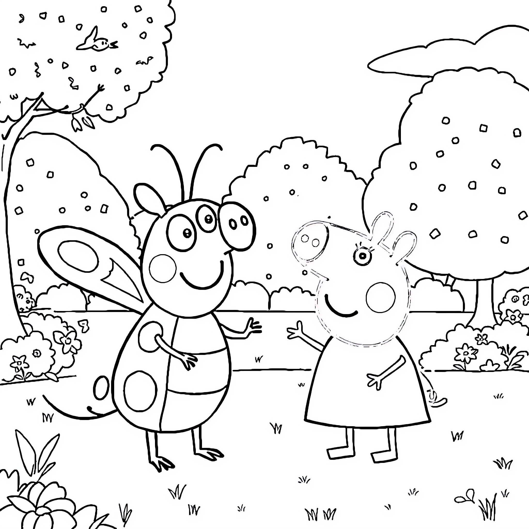 Chase the silly bugs in the nature scene Coloring Page (free black-and-white line drawing printable PDF for all, from beginners to advanced learners, including children, teens, adults, and seniors)