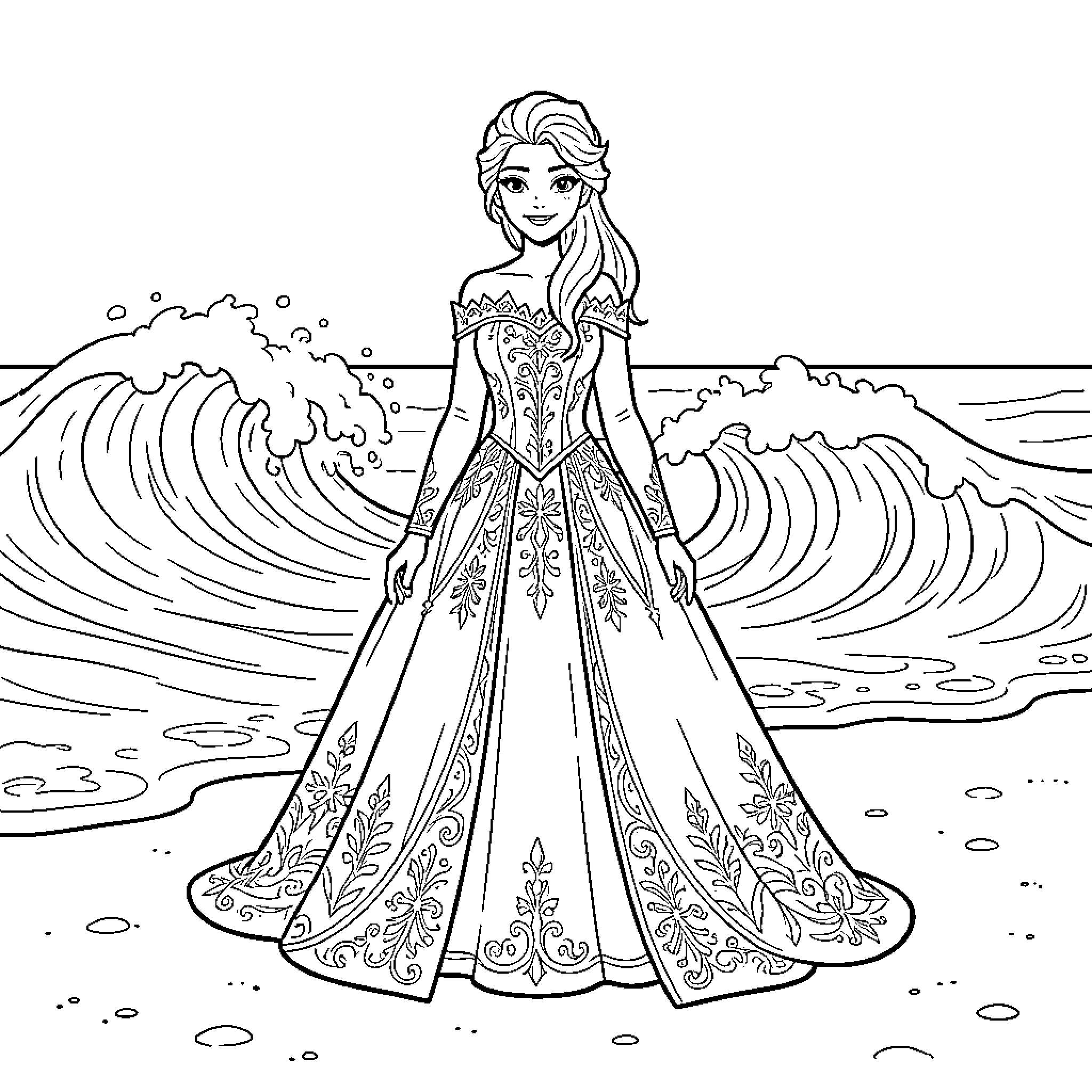 Queen standing gracefully by the ocean waves Coloring Page (free black-and-white line drawing printable PDF for all, from beginners to advanced learners, including children, teens, adults, and seniors)