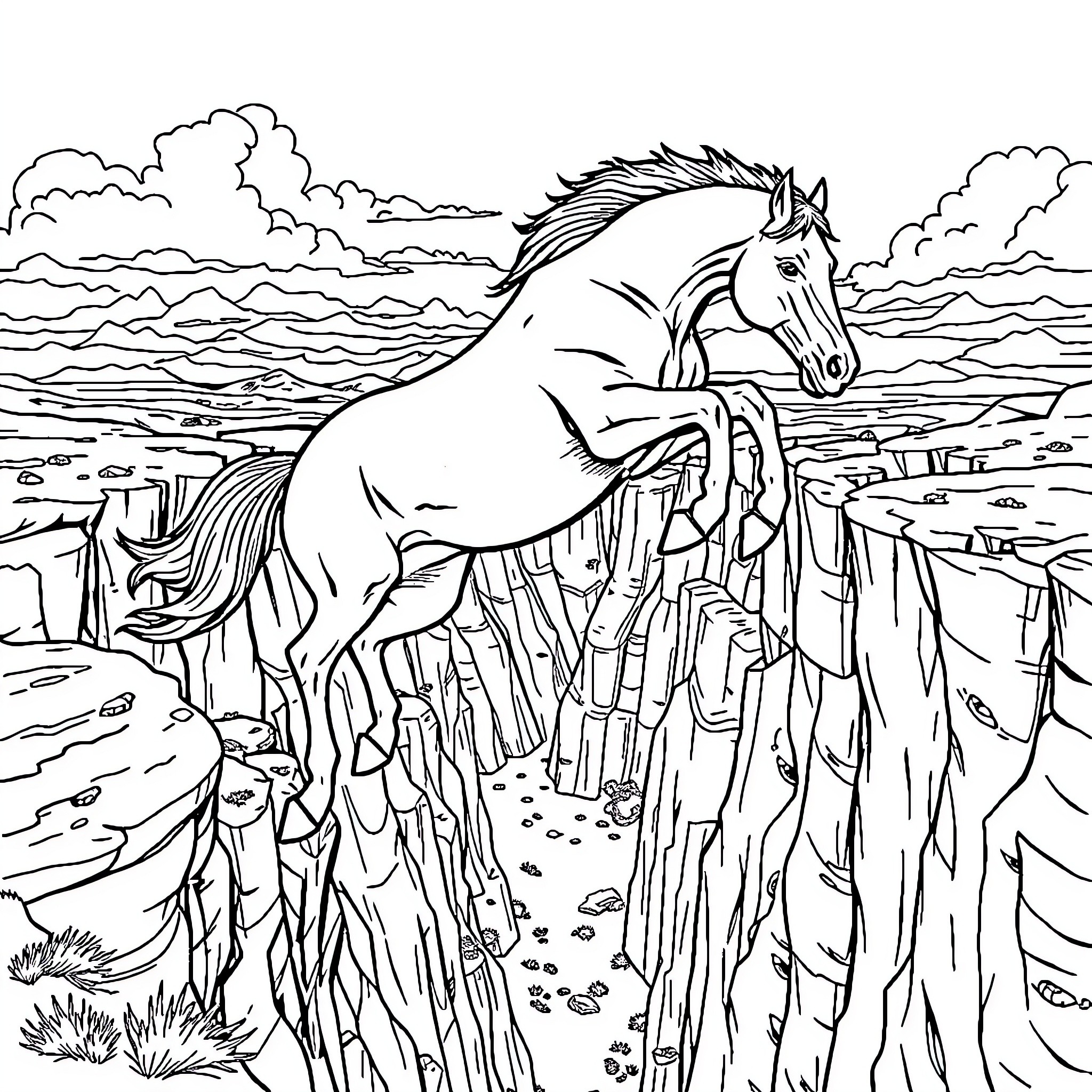 Horse standing confidently on the rocky cliff Coloring Page (free black-and-white line drawing printable PDF for all, from beginners to advanced learners, including children, teens, adults, and seniors)