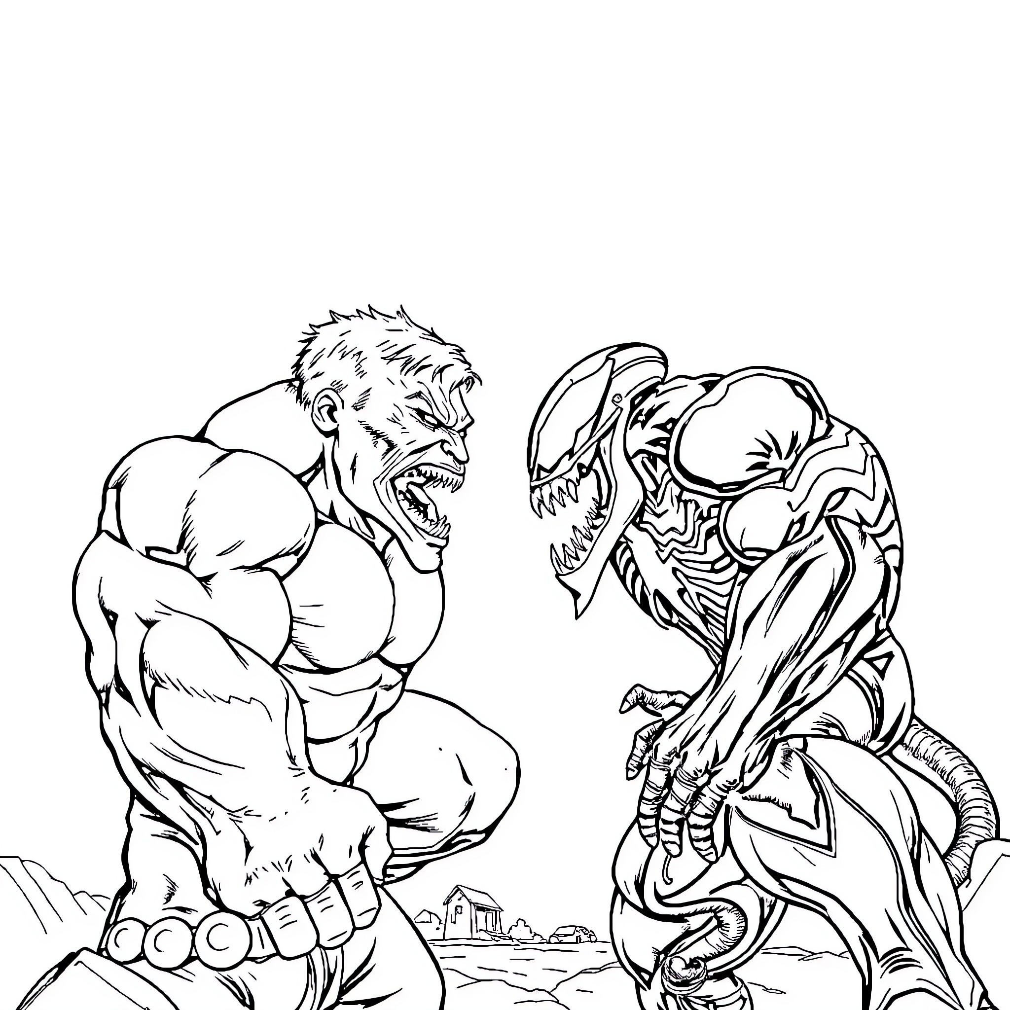 Hulk battling a fierce creature in the wild Coloring Page (free black-and-white line drawing printable PDF for all, from beginners to advanced learners, including children, teens, adults, and seniors)