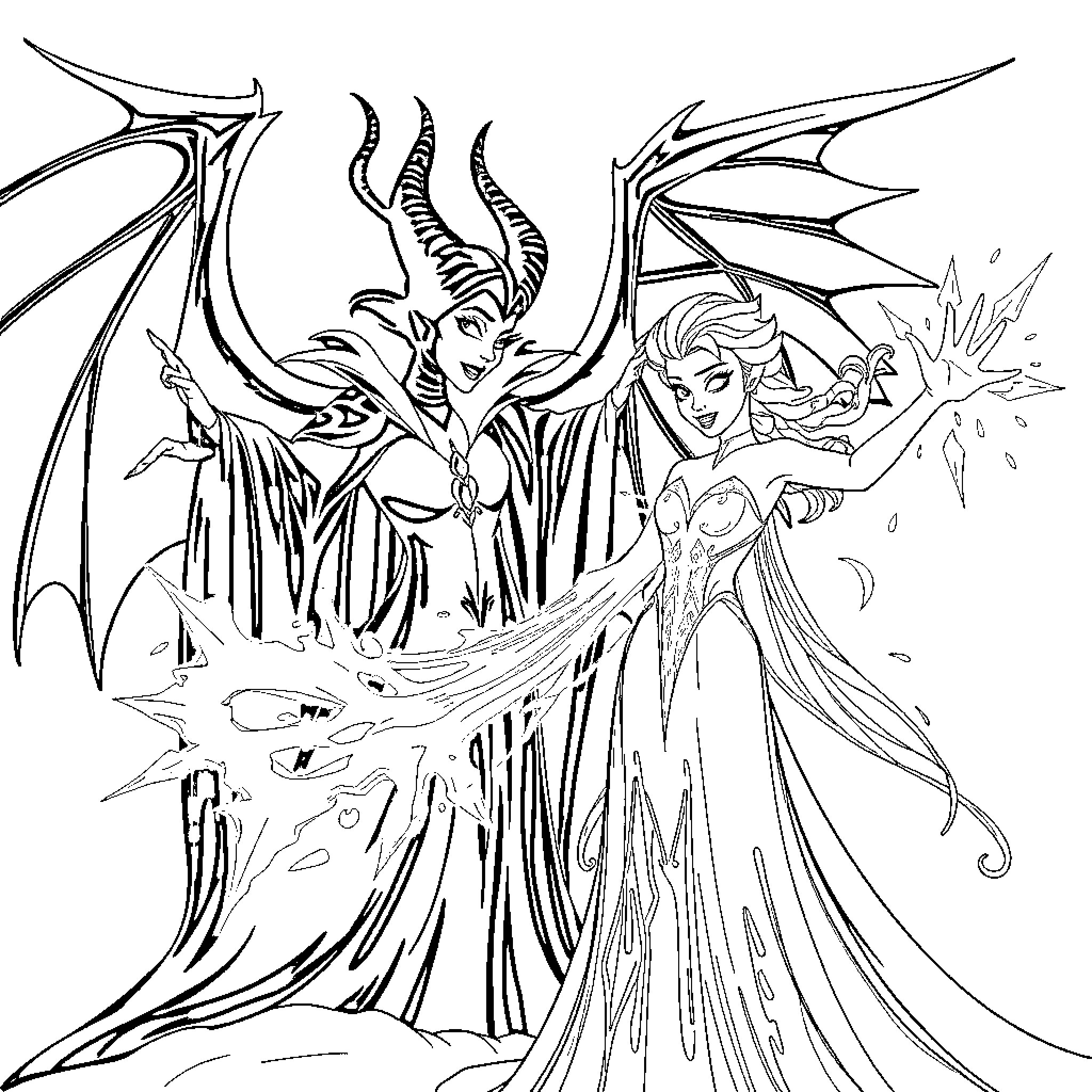 Maleficent and her enchantress transformation Coloring Page (free black-and-white line drawing printable PDF for all, from beginners to advanced learners, including children, teens, adults, and seniors)