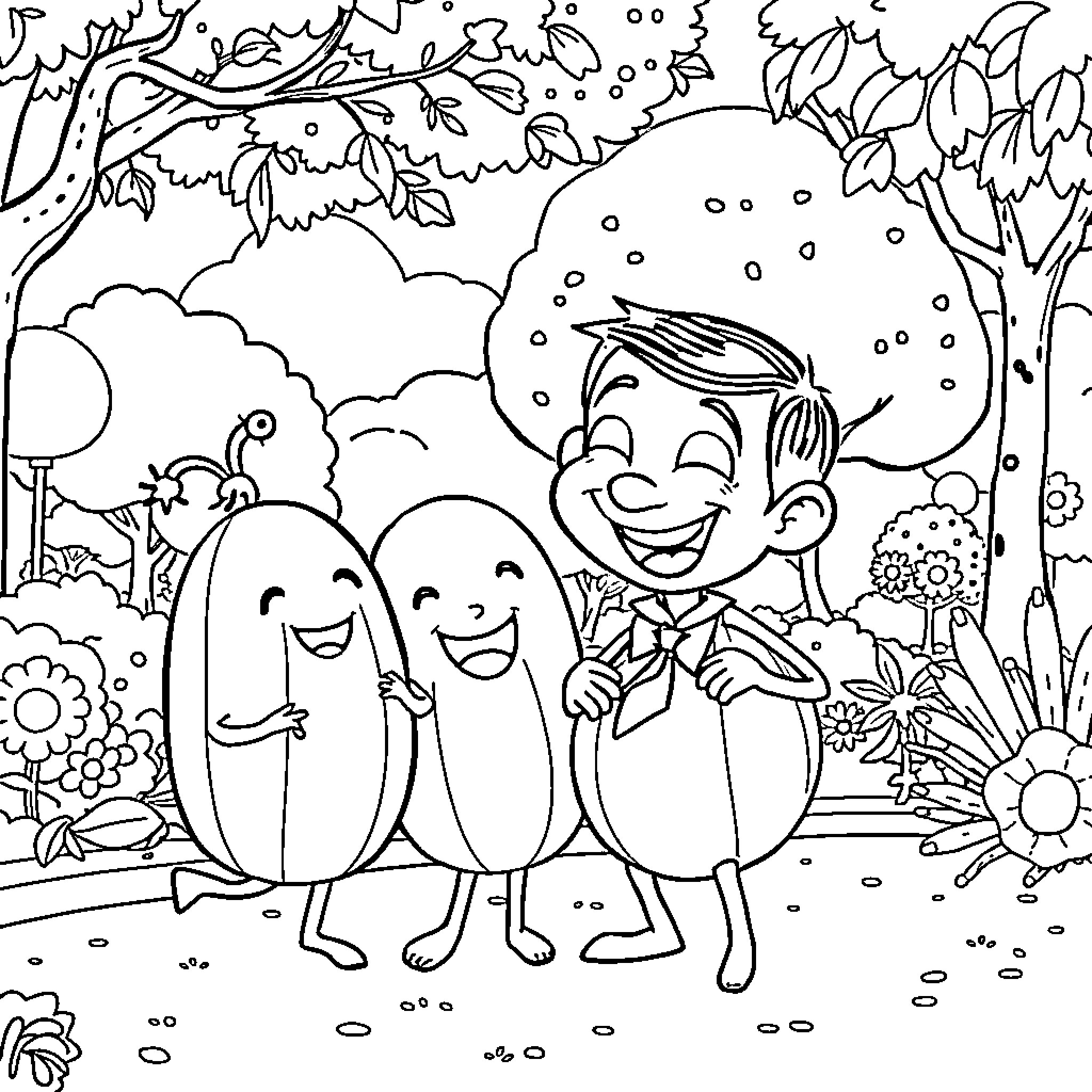 Cocomelon Friends Happily Exploring Nature Together Coloring Page (free black-and-white line drawing printable PDF for all, from beginners to advanced learners, including children, teens, adults, and seniors)
